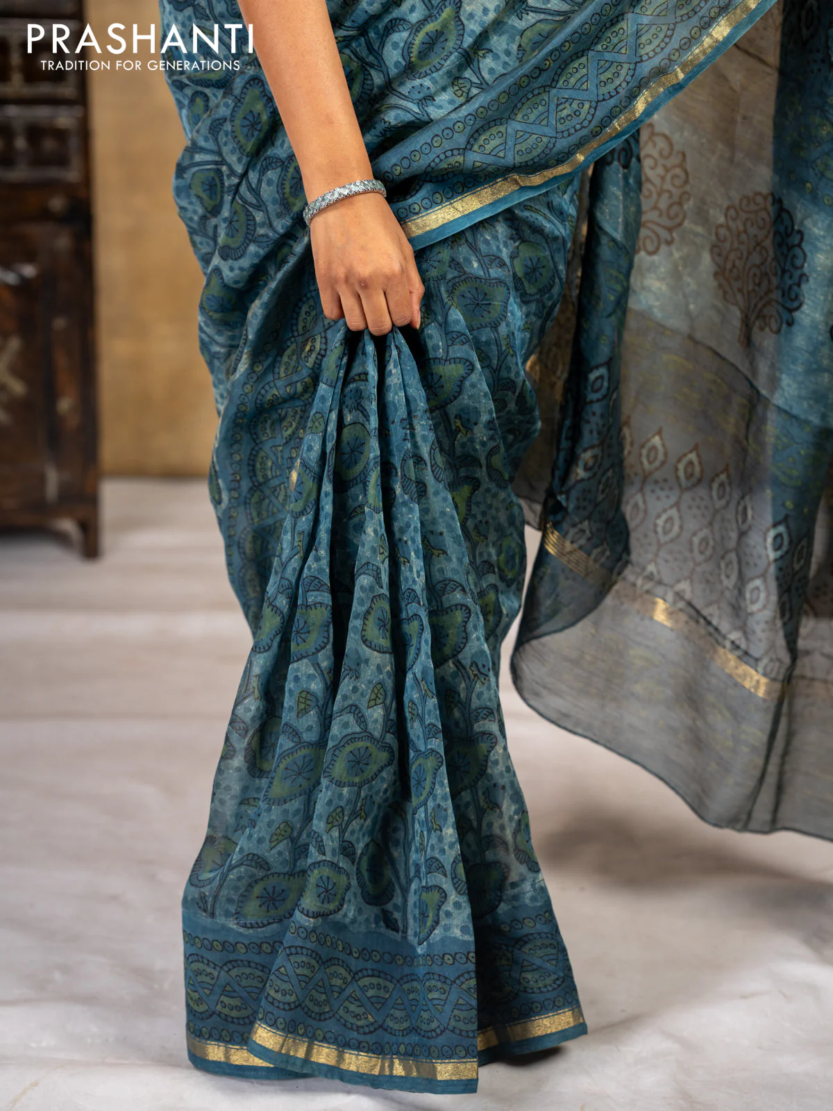 Chanderi bagru saree blue shade with allover kalamkari prints and small zari woven border - Image 6