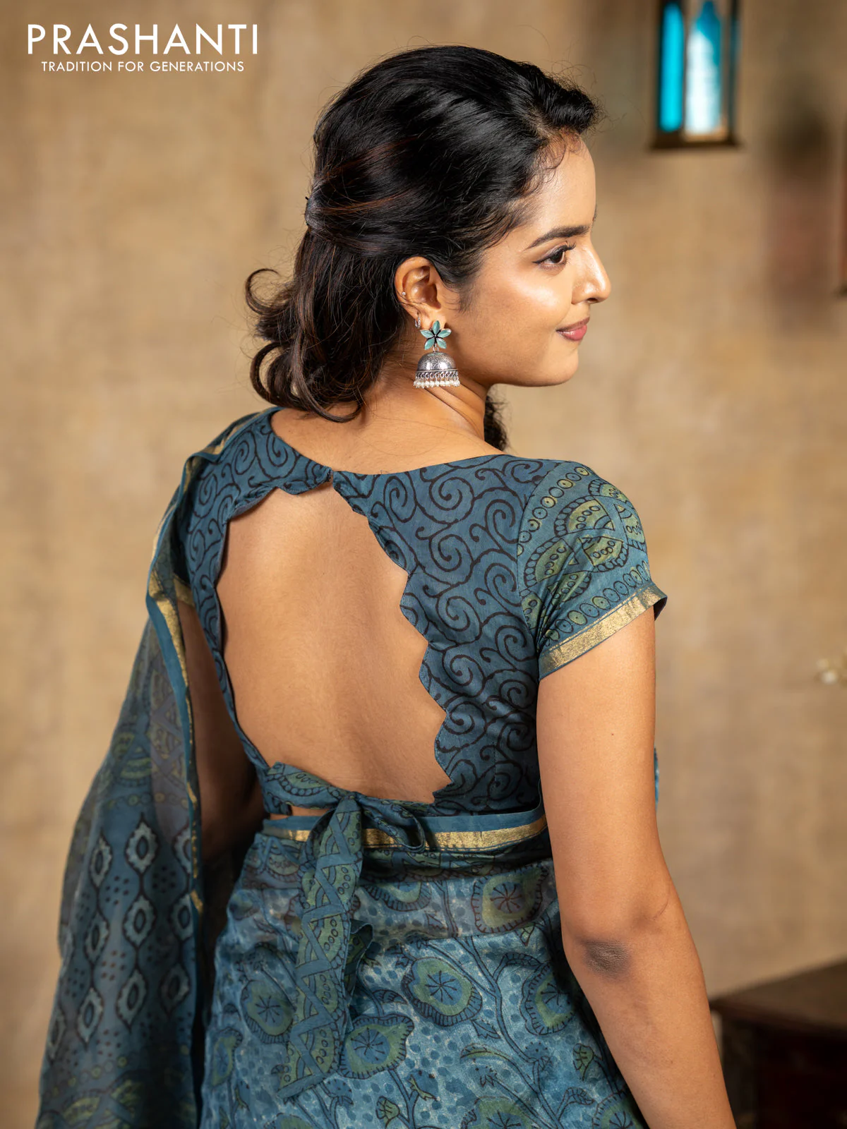 Chanderi bagru saree blue shade with allover kalamkari prints and small zari woven border - Image 7