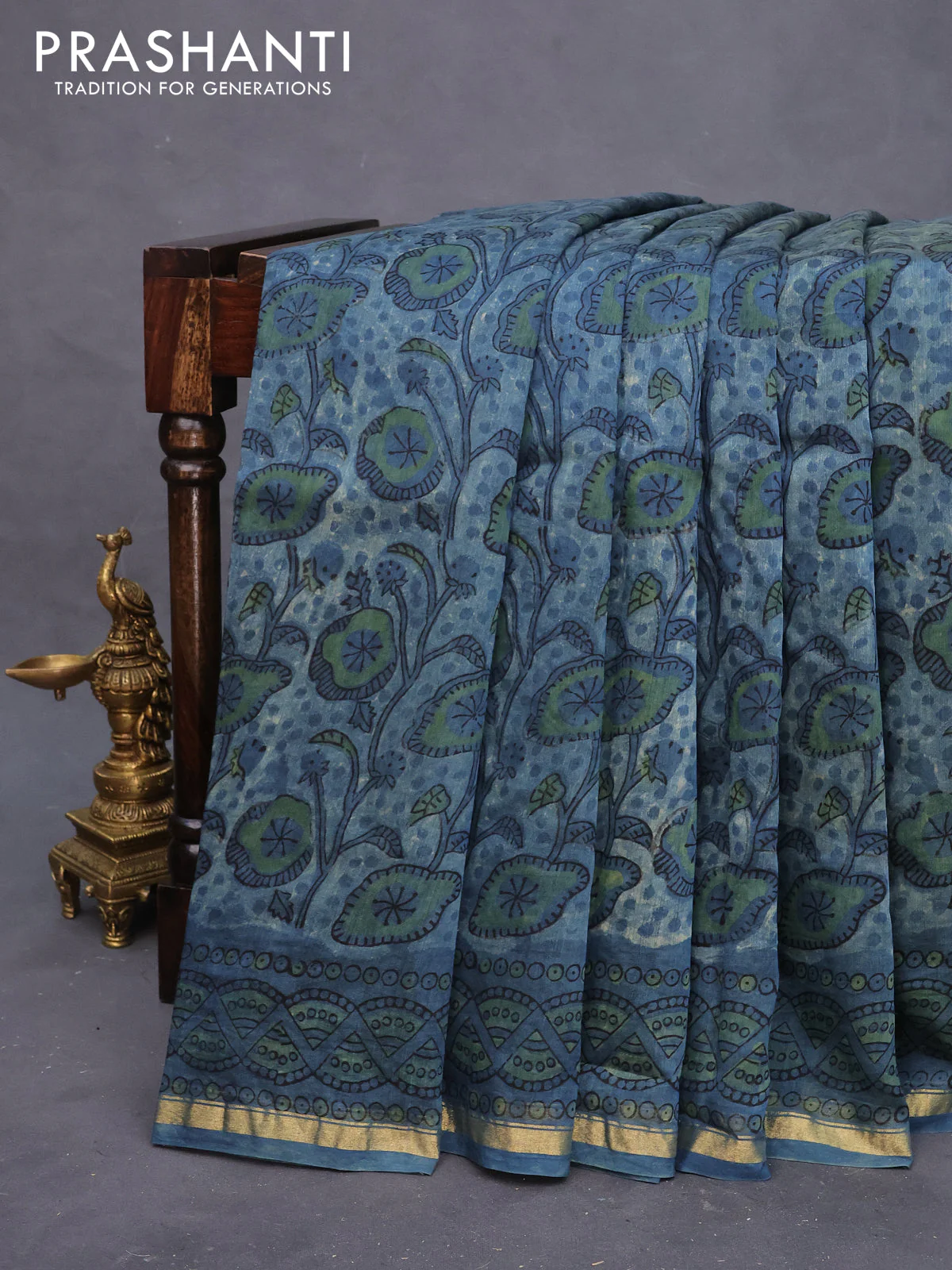 Chanderi bagru saree blue shade with allover kalamkari prints and small zari woven border - Image 8