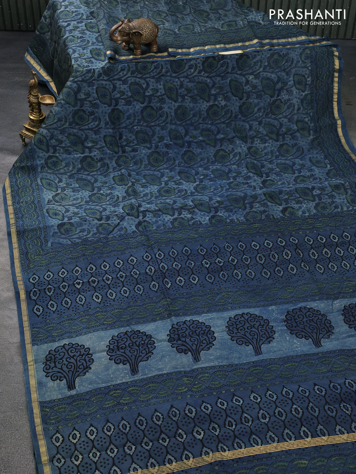 Chanderi bagru saree blue shade with allover kalamkari prints and small zari woven border - Image 9