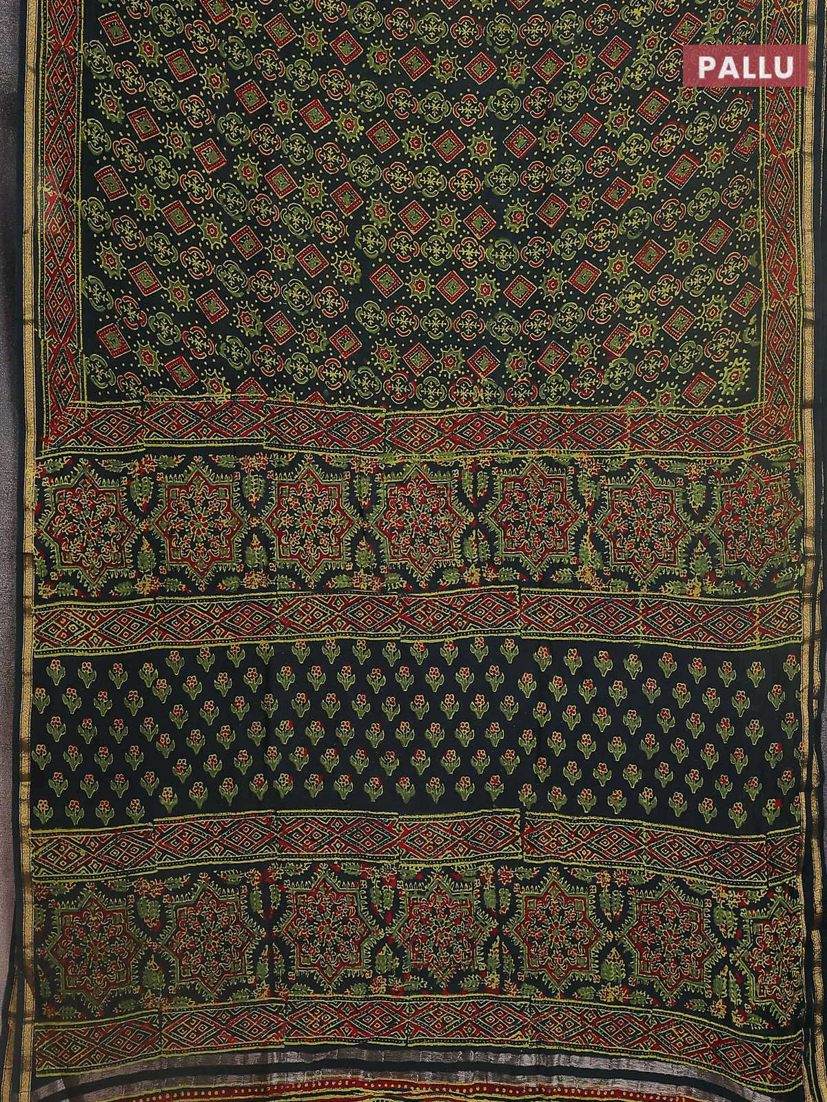 Chanderi bagru saree bottle green with allover ajrakh prints and small zari woven border - Image 3