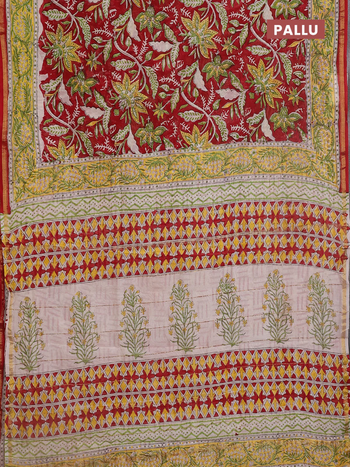 Chanderi bagru saree maroon with allover prints and small zari woven border - Image 3
