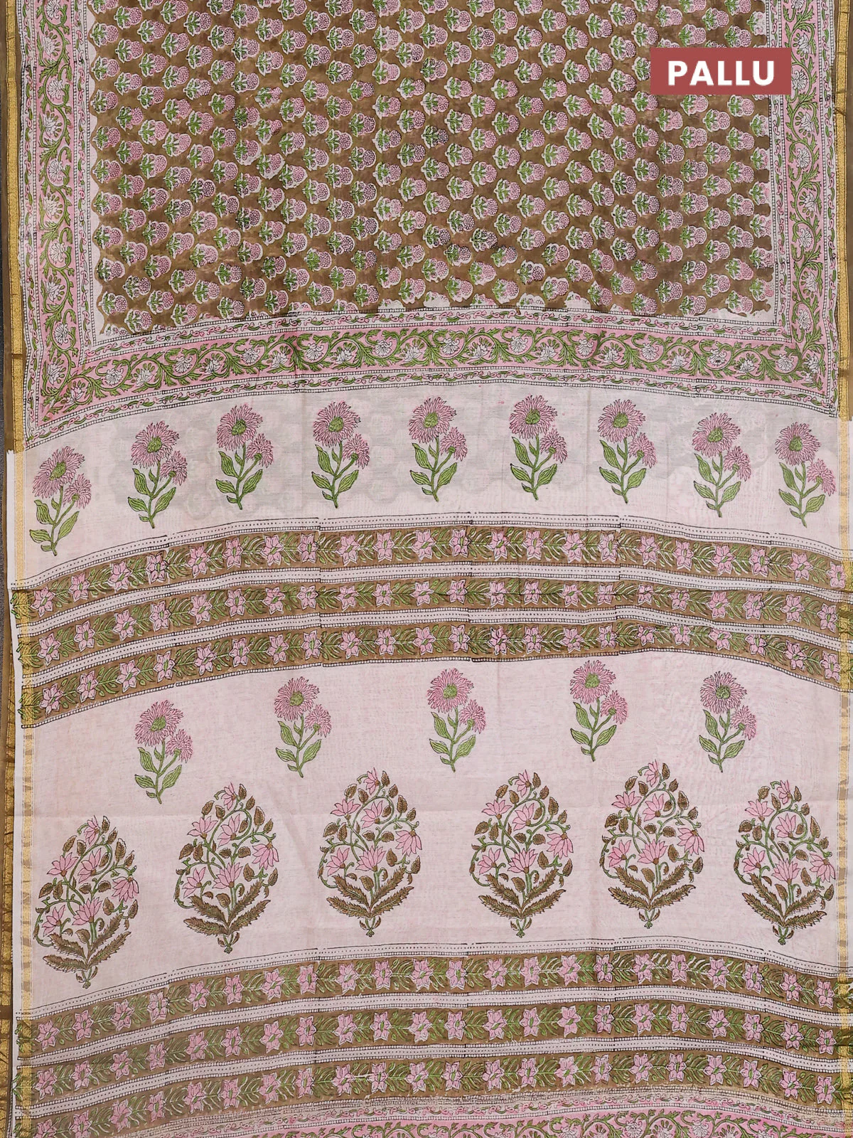 Chanderi bagru saree mehendi green and off white with floral butta prints and small zari woven border - Image 3