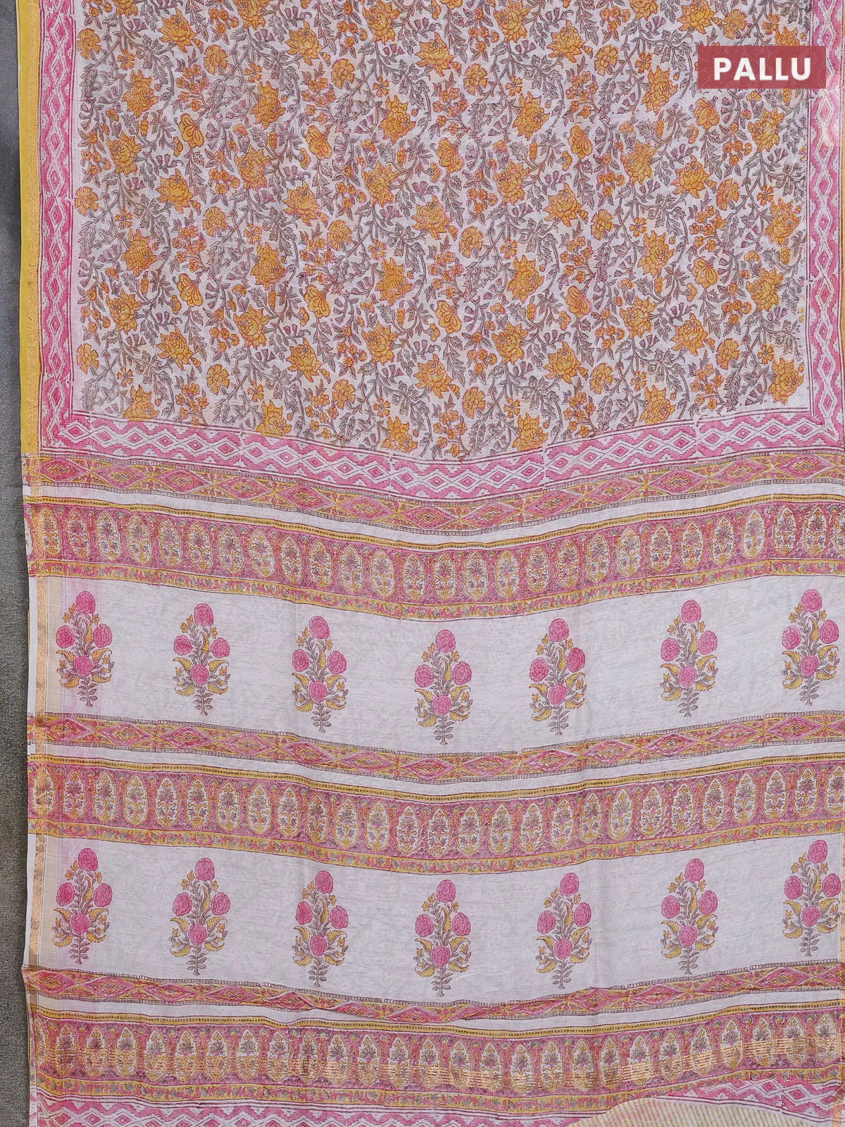 Chanderi bagru saree off white and yellow with allover floral prints and small zari woven border - Image 3