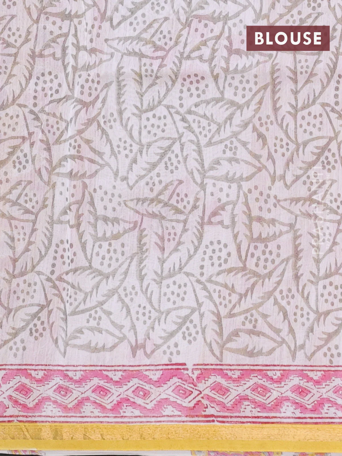 Chanderi bagru saree off white and yellow with allover floral prints and small zari woven border - Image 4