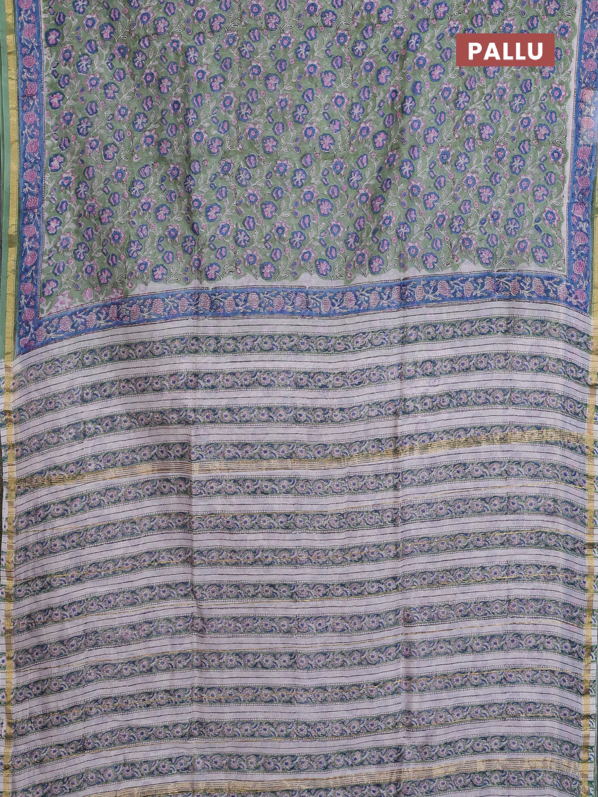 Chanderi bagru saree pastel green with allover floral prints and small zari woven border - Image 3