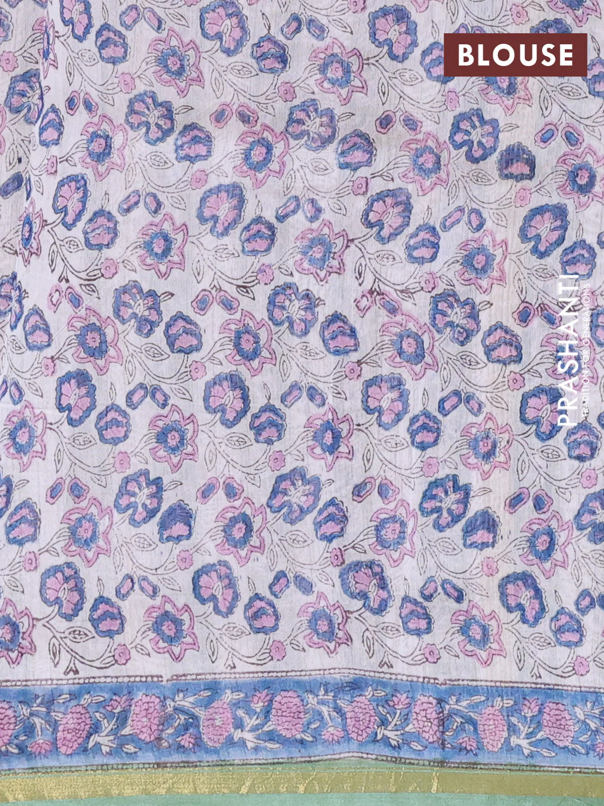Chanderi bagru saree pastel green with allover floral prints and small zari woven border - Image 4
