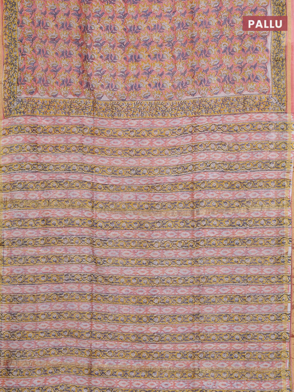 Chanderi bagru saree peach shade with allover floral prints and small zari woven border - Image 3