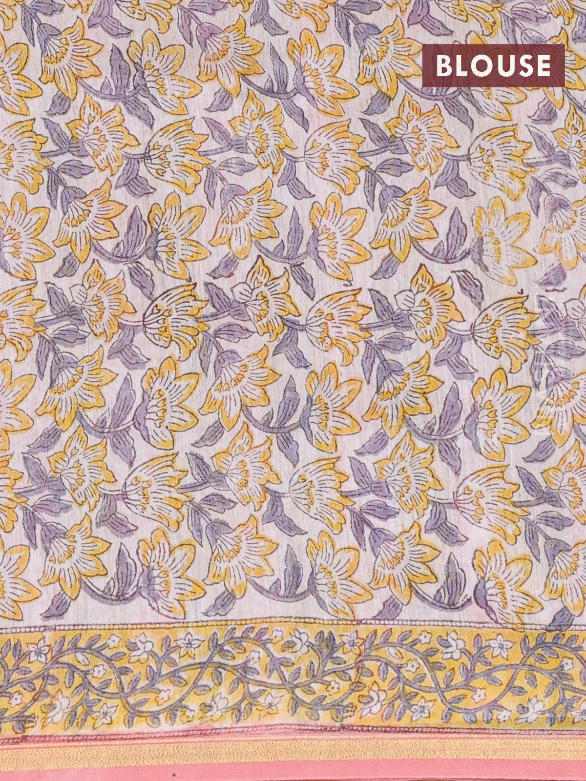 Chanderi bagru saree peach shade with allover floral prints and small zari woven border - Image 4