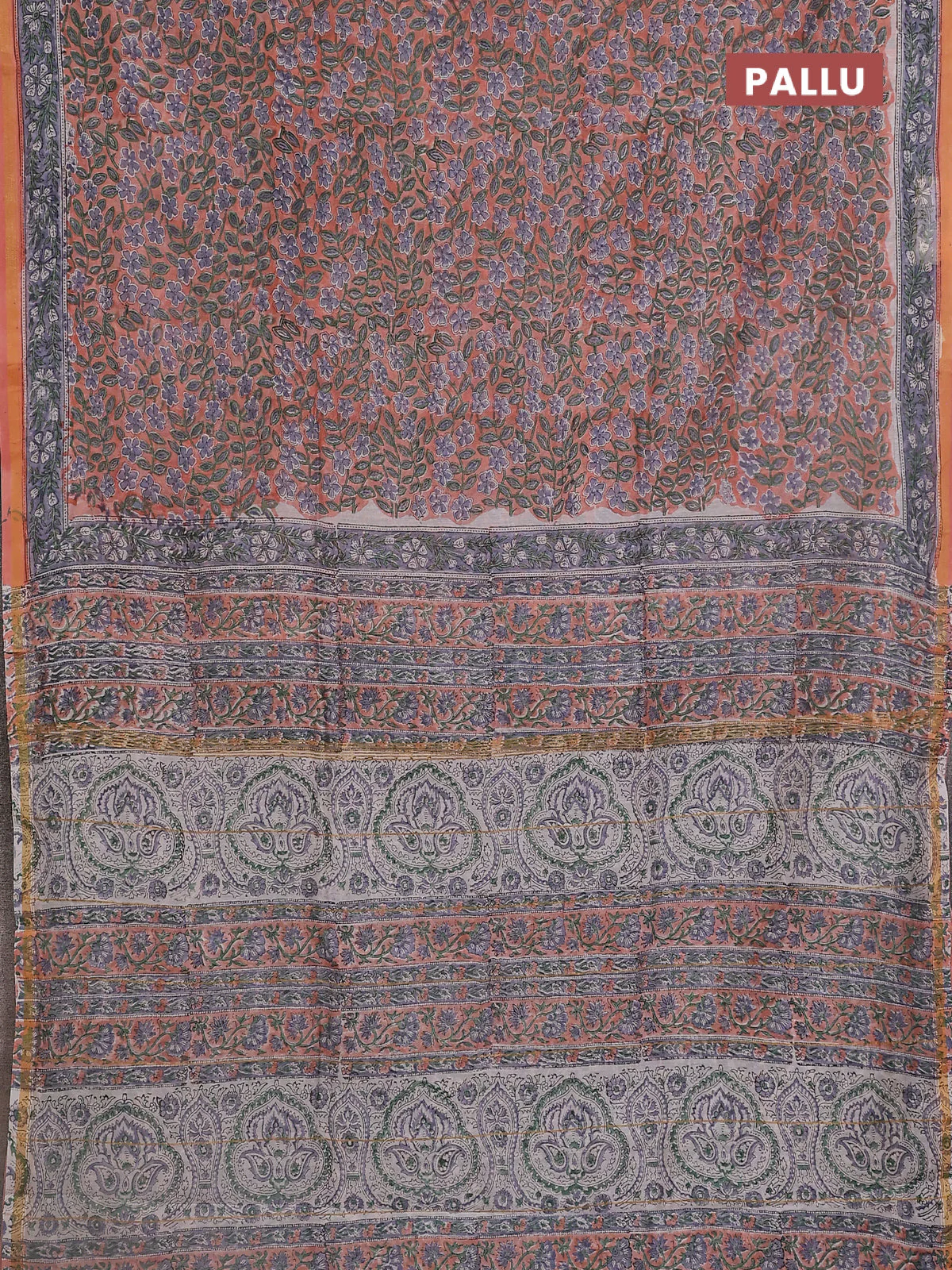 Chanderi bagru saree peach shade with allover floral prints and small zari woven border - Image 3