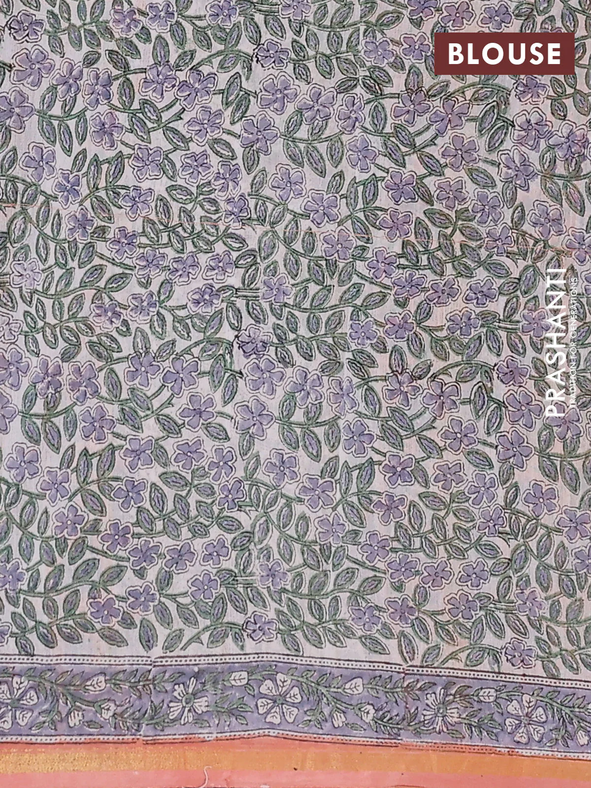 Chanderi bagru saree peach shade with allover floral prints and small zari woven border - Image 4