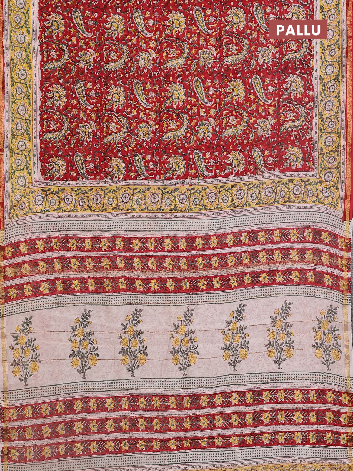 Chanderi bagru saree red and beige with allover kalamkari prints and small zari woven border - Image 3
