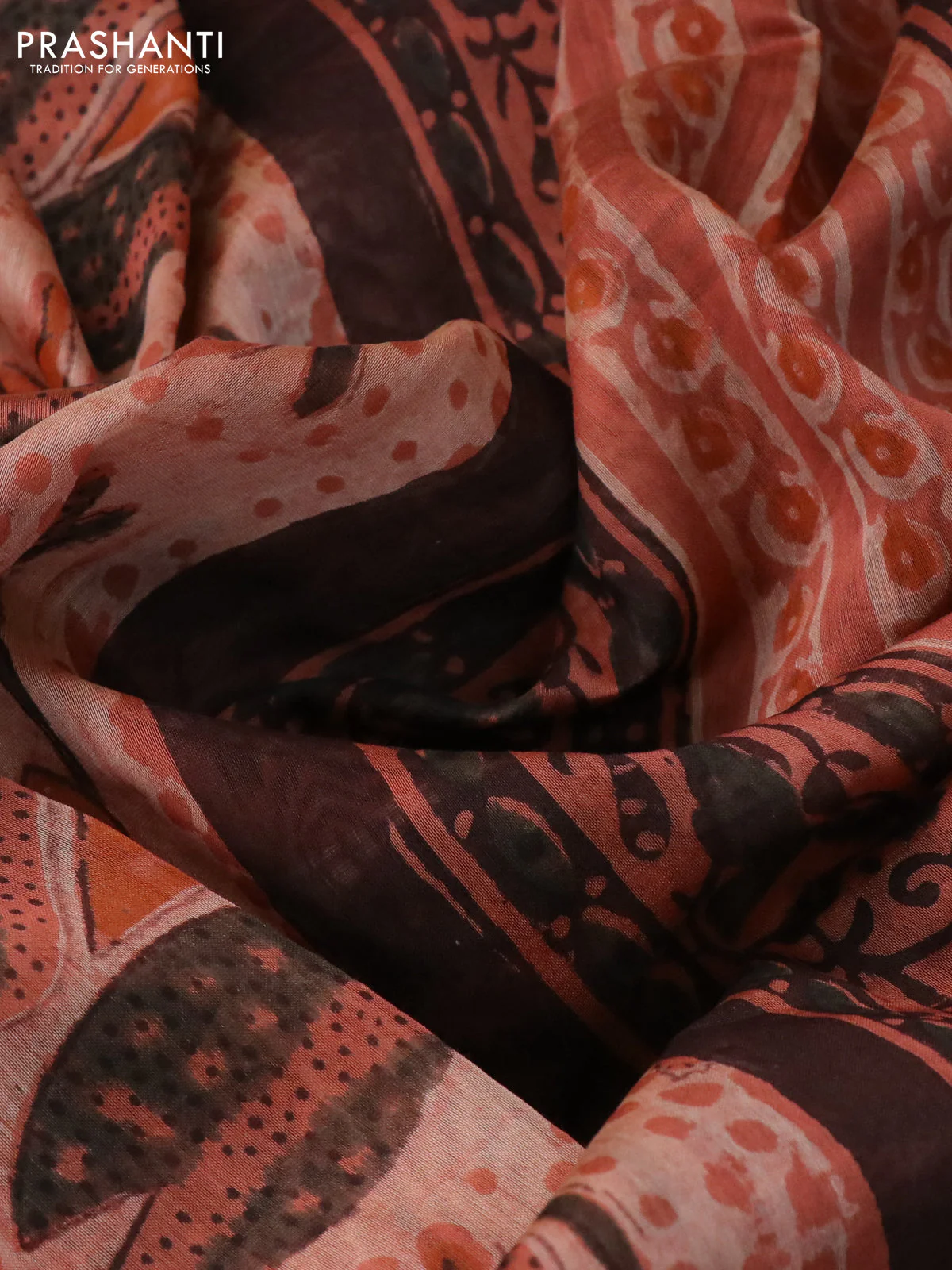 Chanderi bagru saree rust shade and brown with allover kalamkari prints and small zari woven border - Image 10