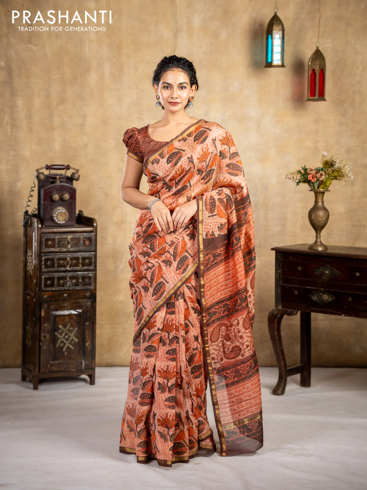 Chanderi bagru saree rust shade and brown with allover kalamkari prints and small zari woven border - Image 2