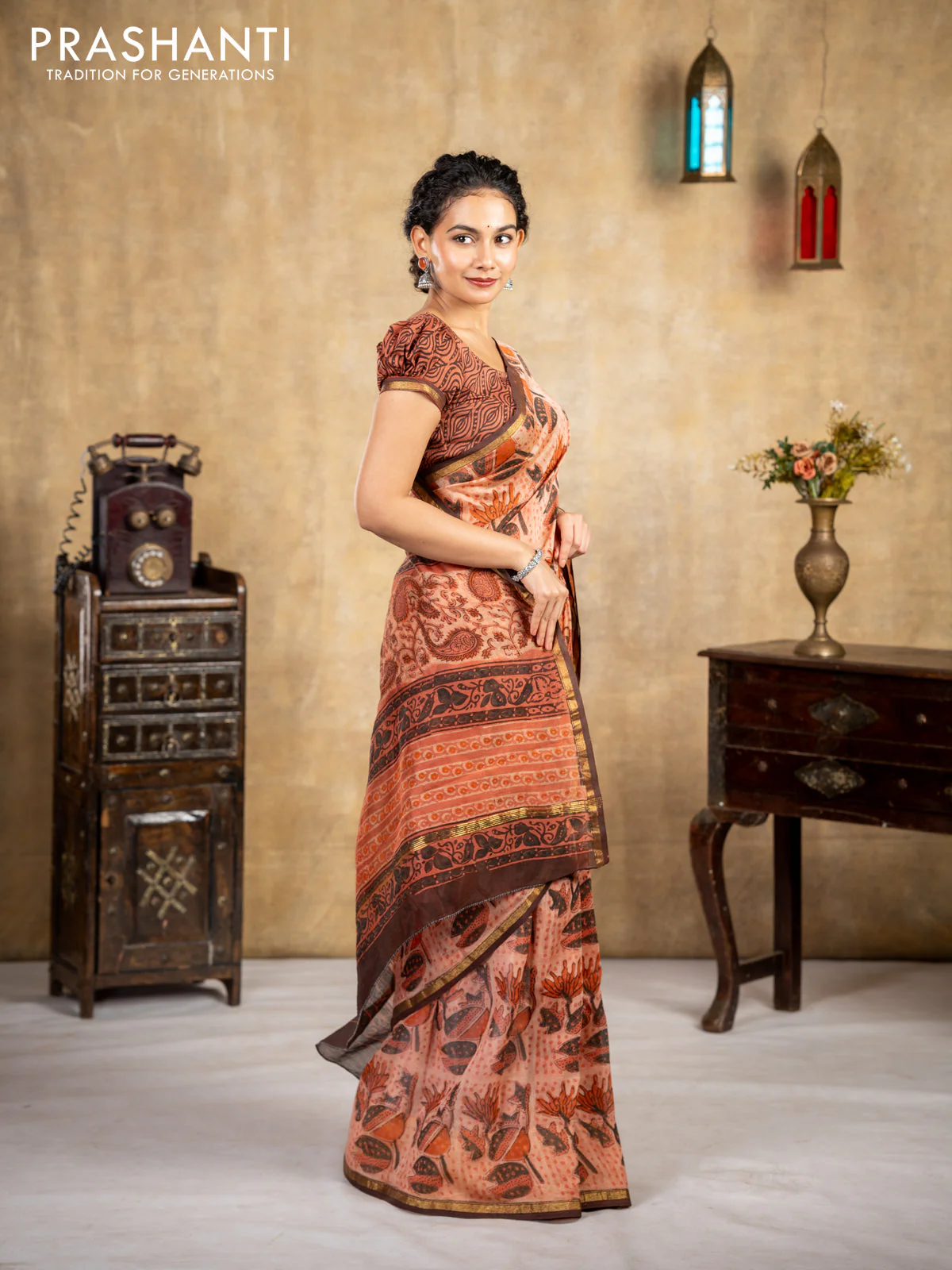 Chanderi bagru saree rust shade and brown with allover kalamkari prints and small zari woven border - Image 3