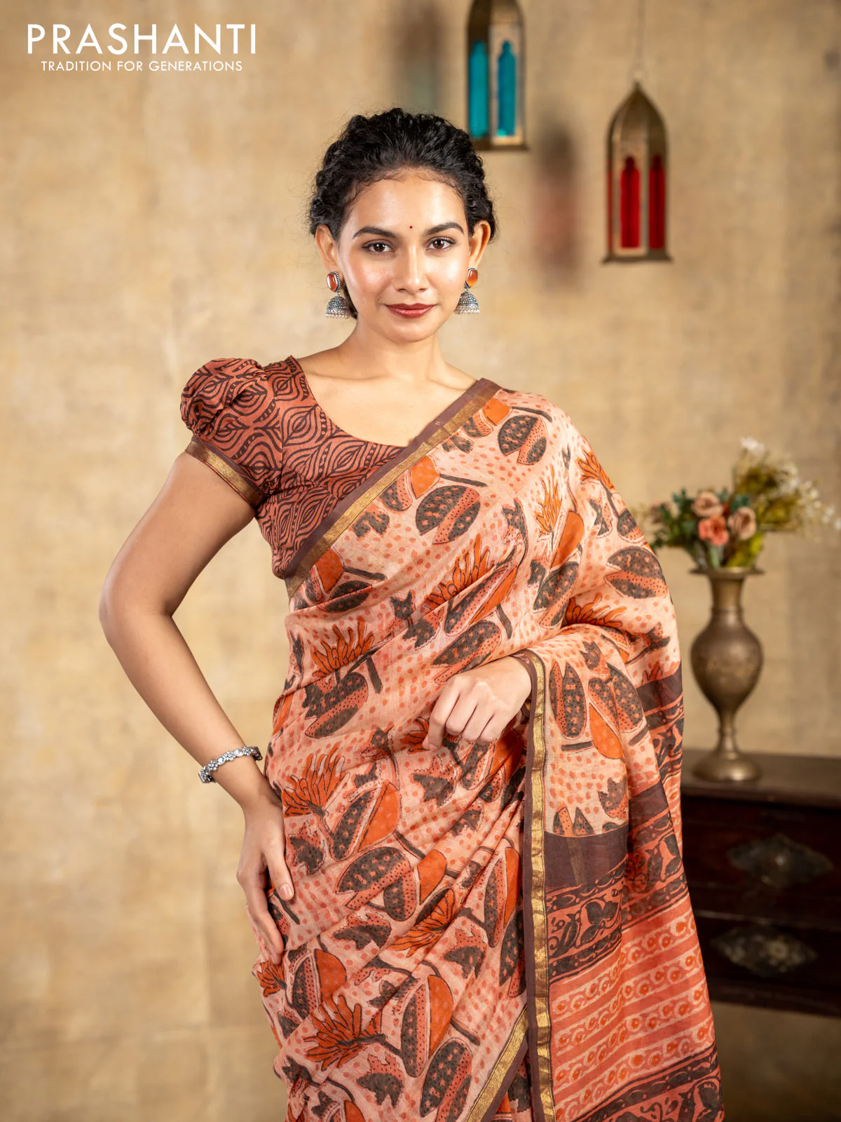 Chanderi bagru saree rust shade and brown with allover kalamkari prints and small zari woven border - Image 4
