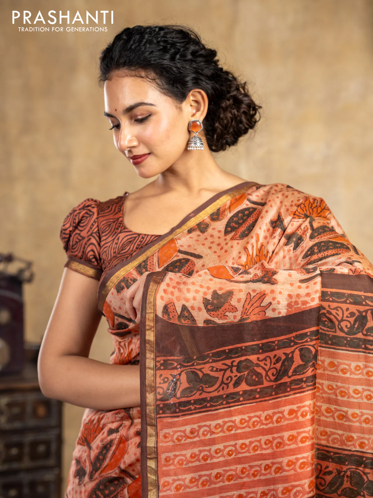 Chanderi bagru saree rust shade and brown with allover kalamkari prints and small zari woven border - Image 6
