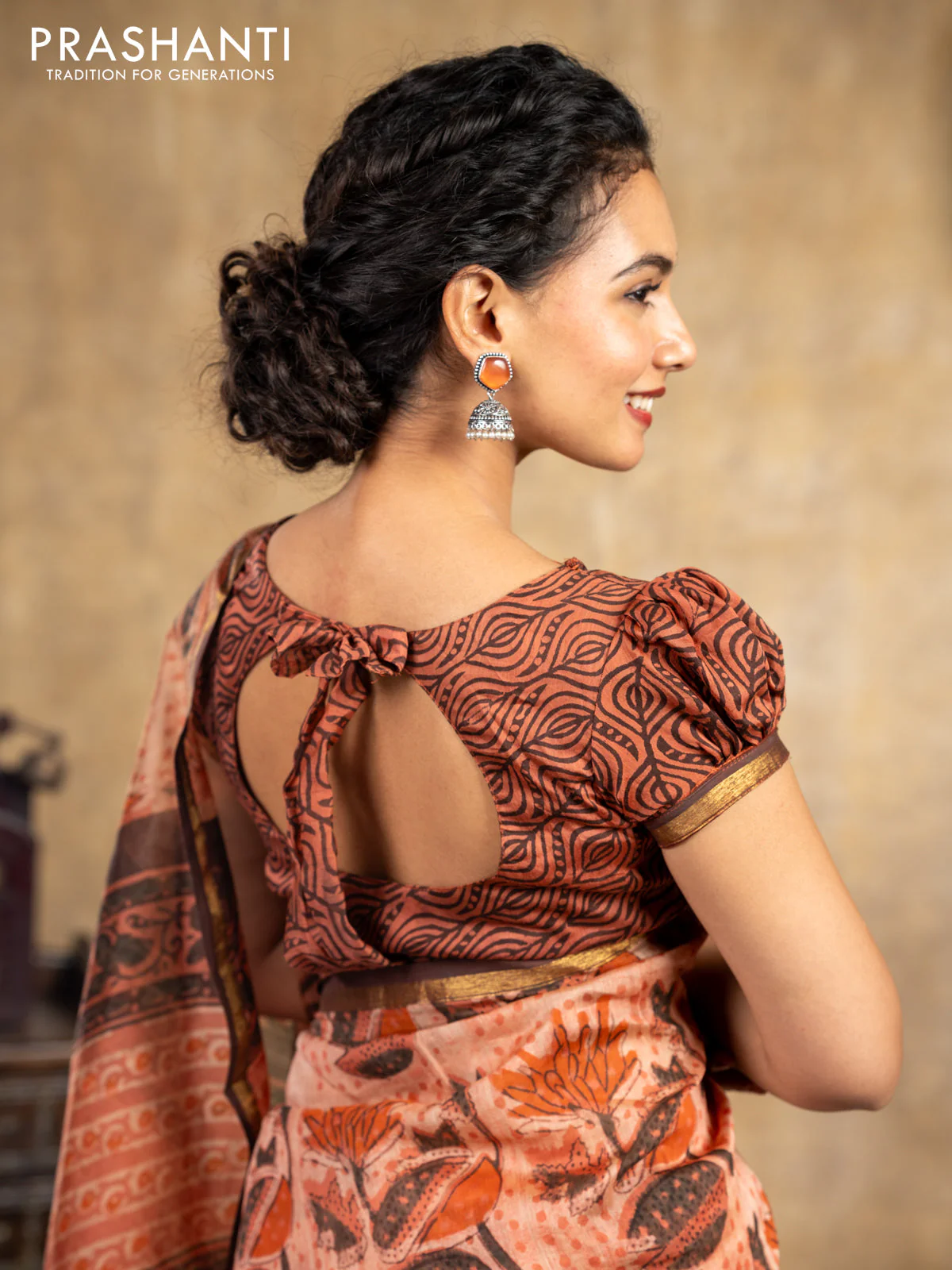Chanderi bagru saree rust shade and brown with allover kalamkari prints and small zari woven border - Image 7