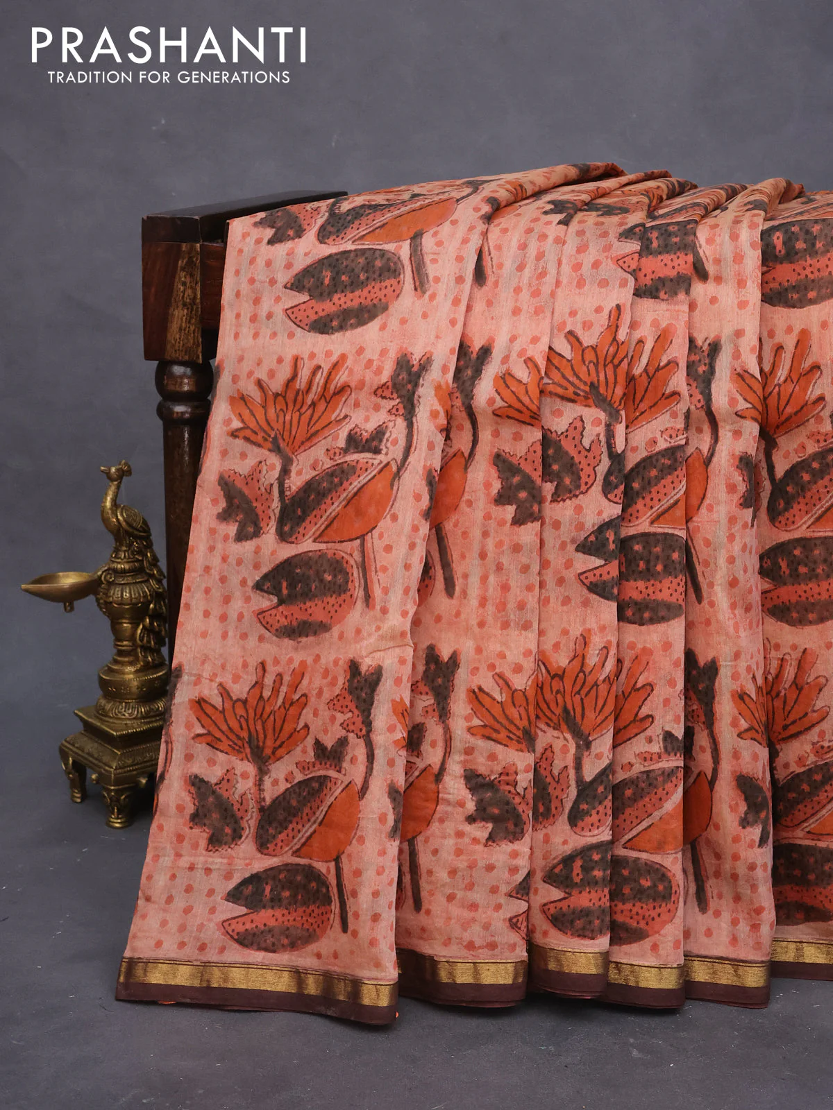 Chanderi bagru saree rust shade and brown with allover kalamkari prints and small zari woven border - Image 8