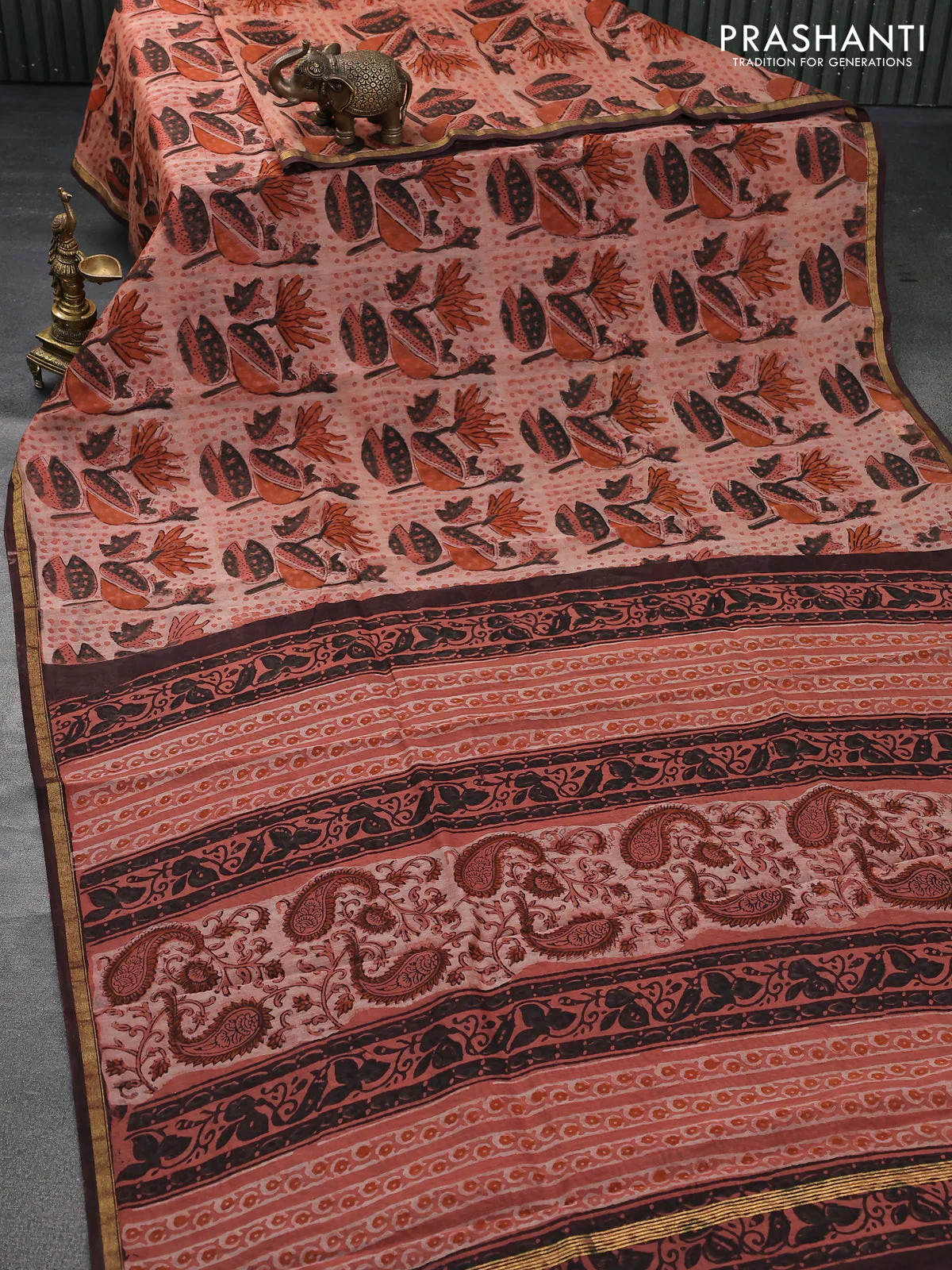 Chanderi bagru saree rust shade and brown with allover kalamkari prints and small zari woven border - Image 9