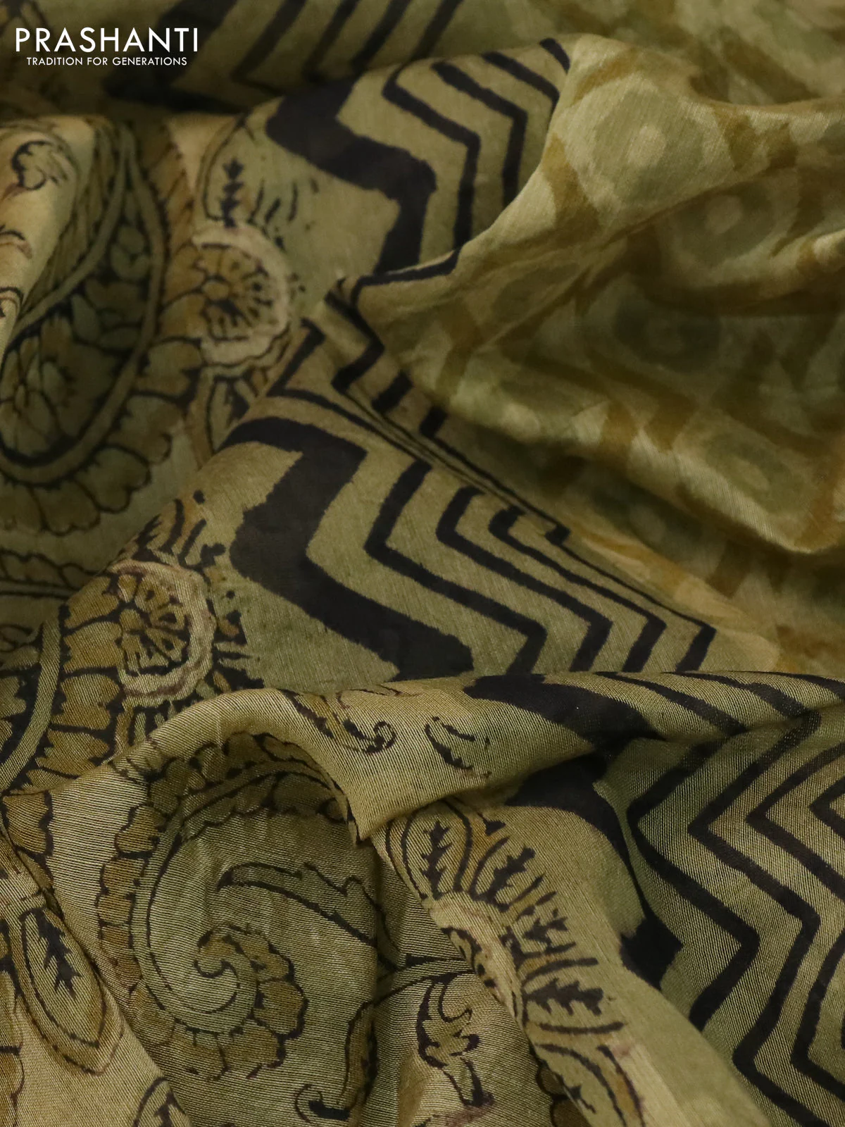 Chanderi bagru saree sap green shade with allover kalamkari prints and small zari woven border - Image 10
