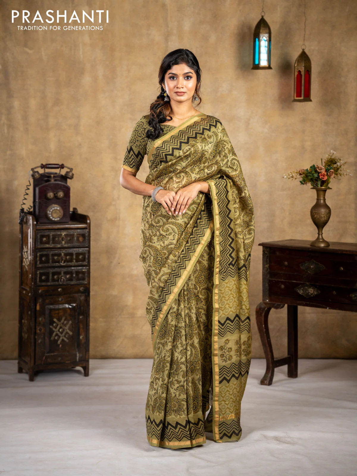 Chanderi bagru saree sap green shade with allover kalamkari prints and small zari woven border - Image 3