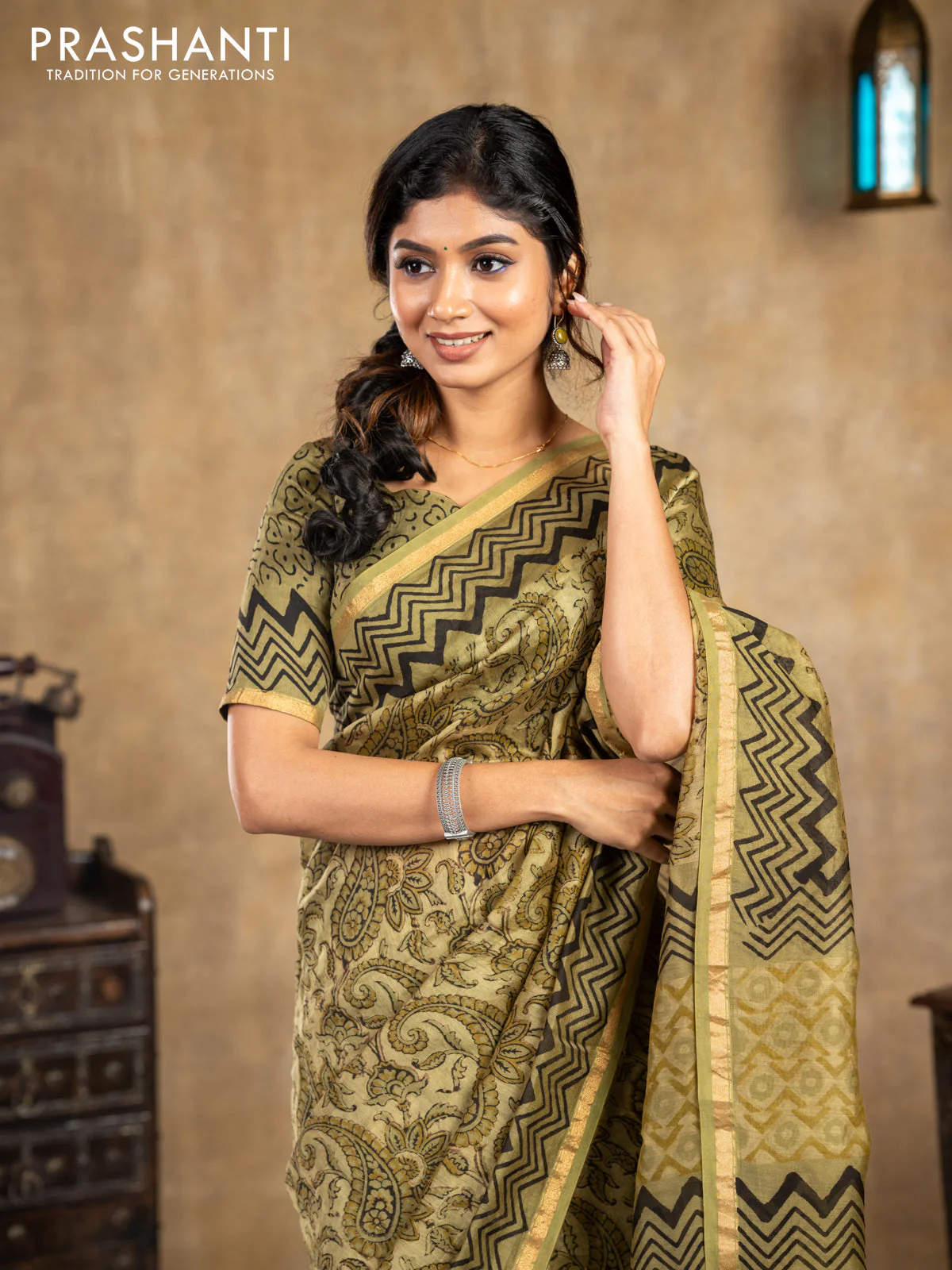 Chanderi bagru saree sap green shade with allover kalamkari prints and small zari woven border - Image 4