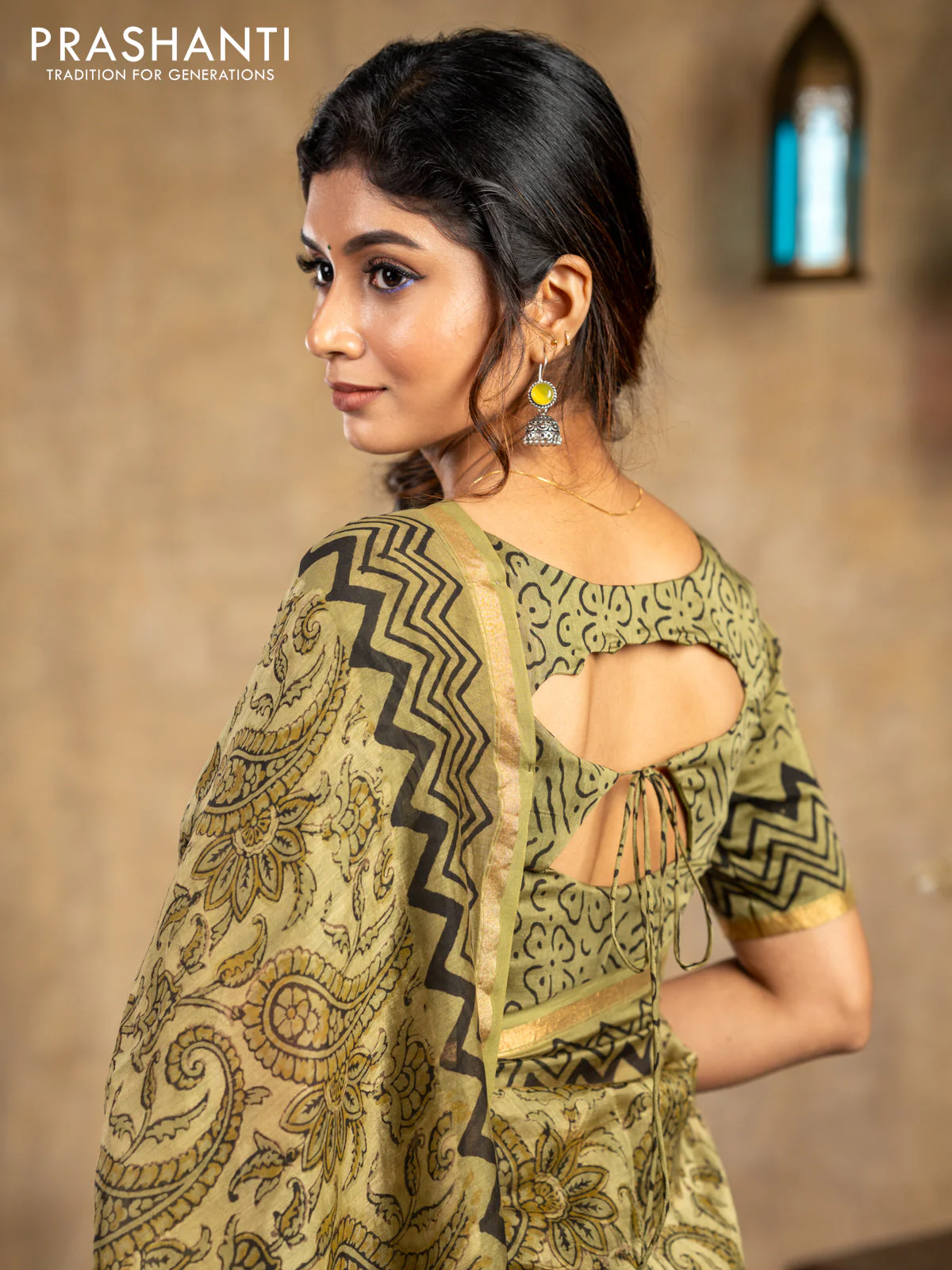 Chanderi bagru saree sap green shade with allover kalamkari prints and small zari woven border - Image 5