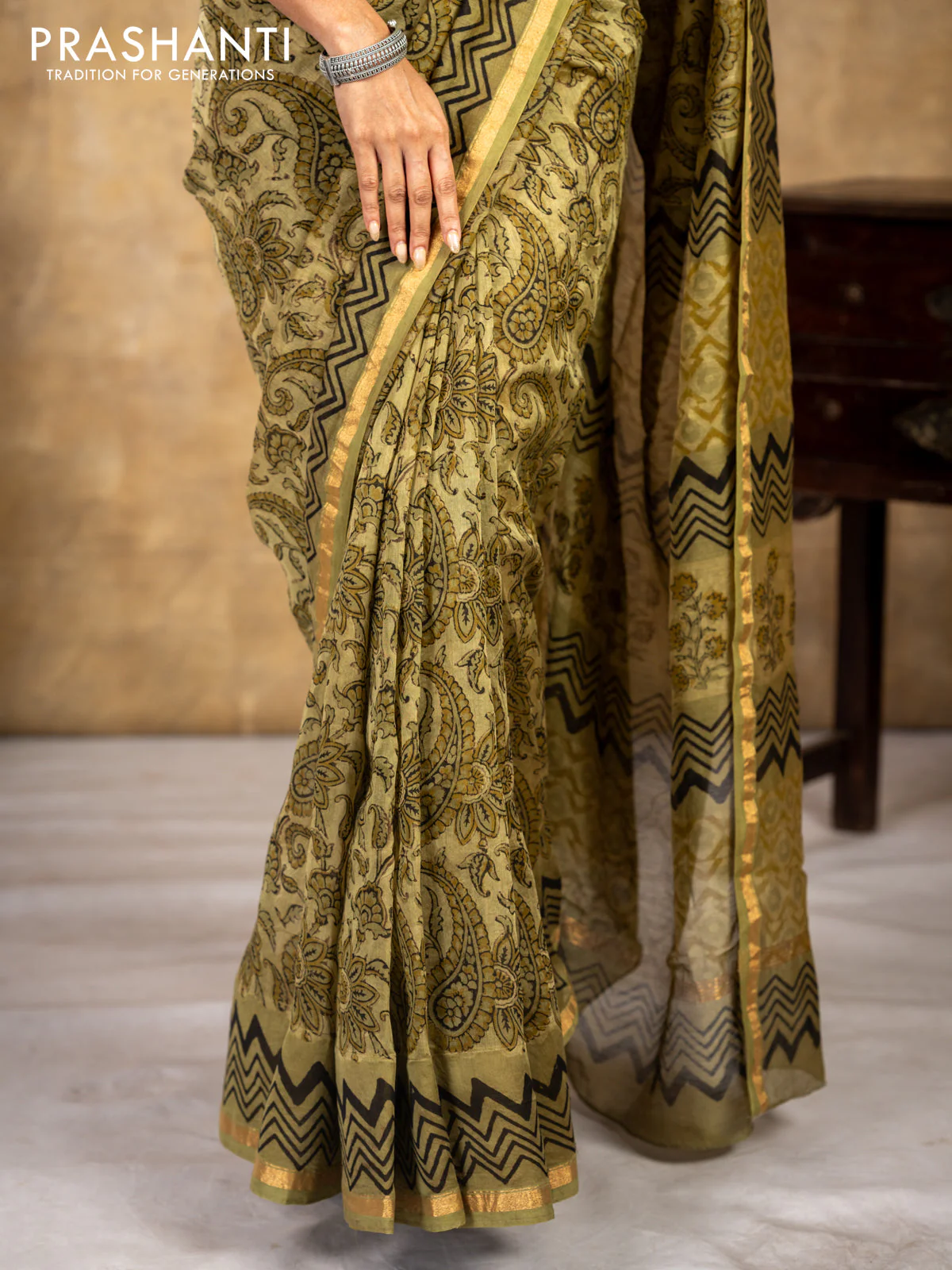 Chanderi bagru saree sap green shade with allover kalamkari prints and small zari woven border - Image 6
