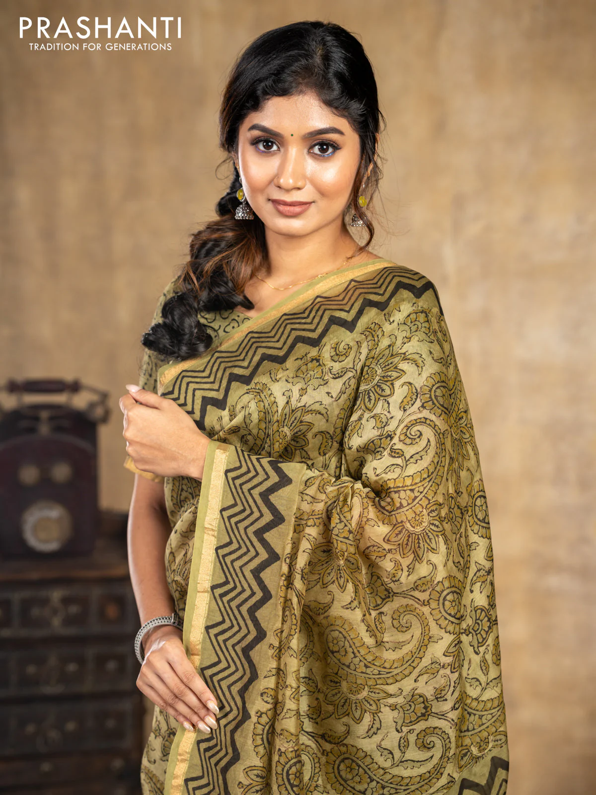 Chanderi bagru saree sap green shade with allover kalamkari prints and small zari woven border - Image 7