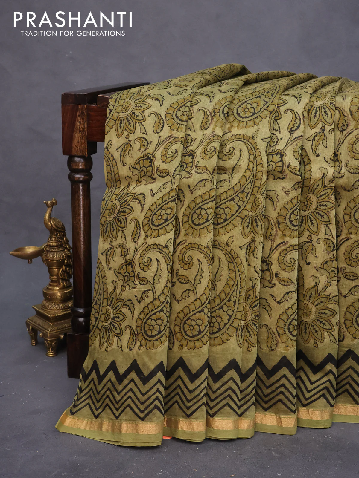 Chanderi bagru saree sap green shade with allover kalamkari prints and small zari woven border - Image 8
