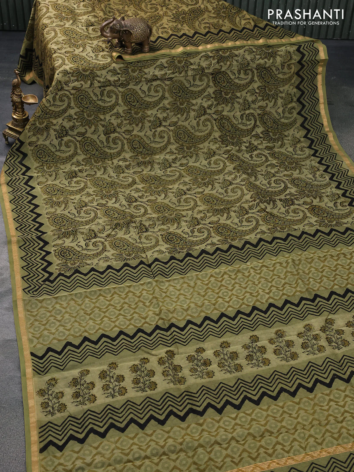 Chanderi bagru saree sap green shade with allover kalamkari prints and small zari woven border - Image 9