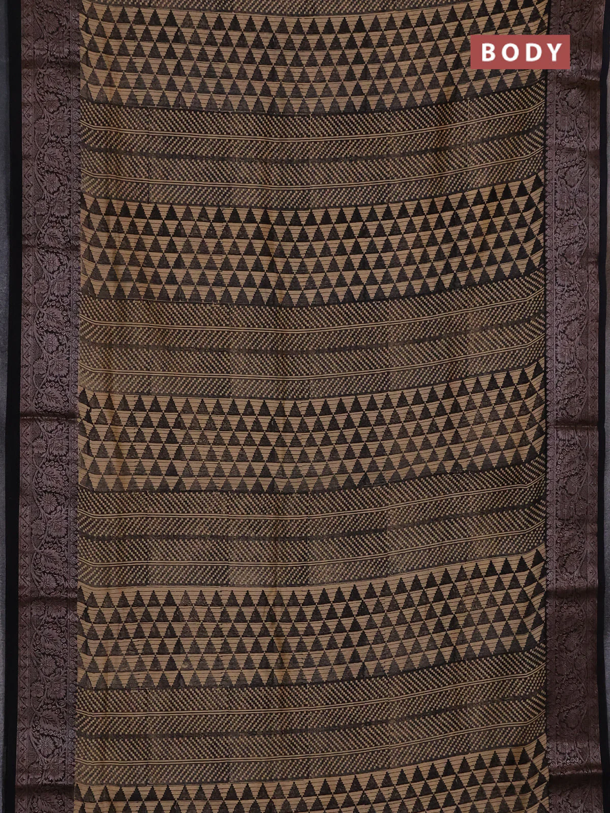 Chanderi silk cotton saree beige and black with allover geometric prints and banarasi style border - Image 2