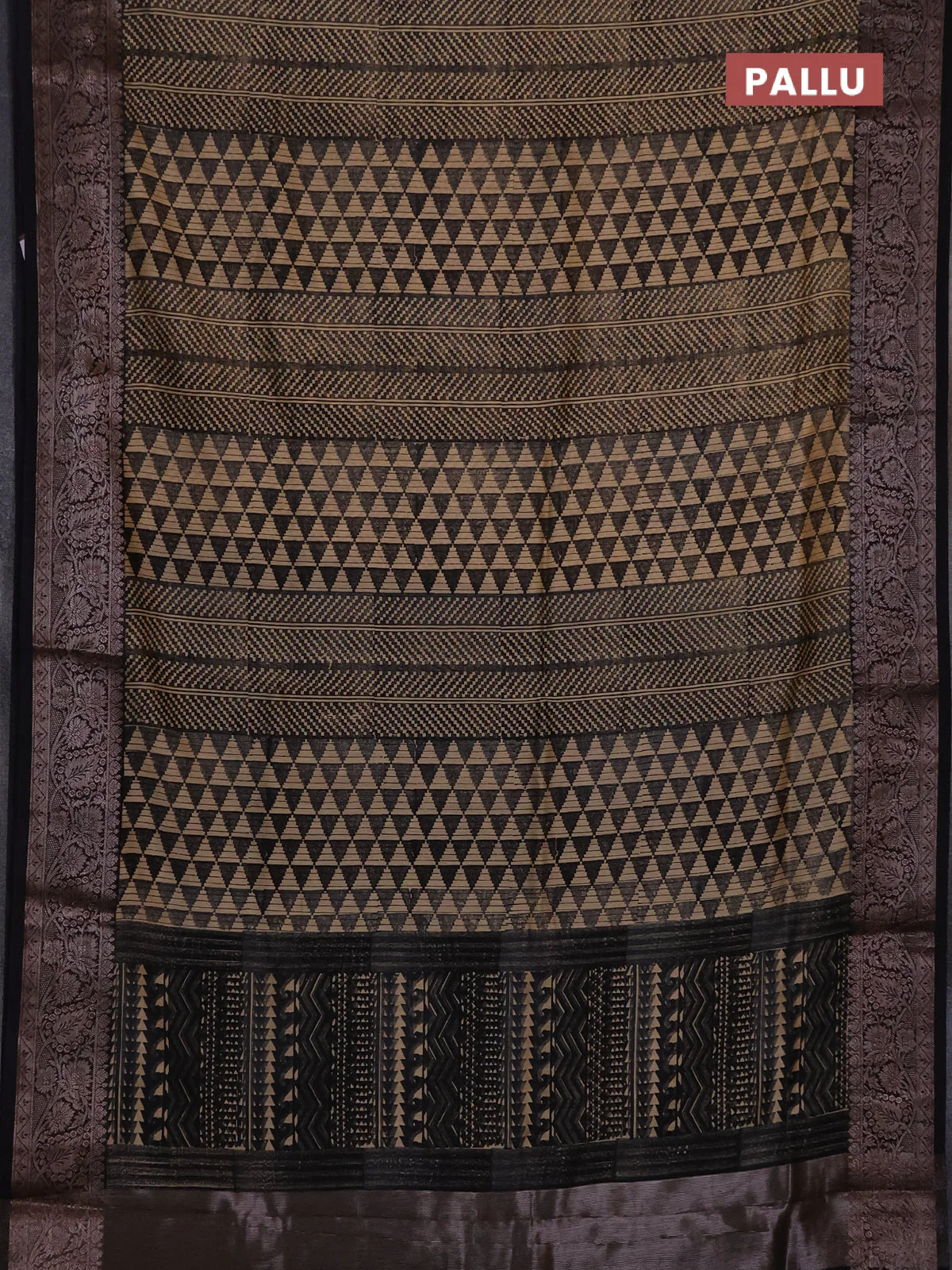 Chanderi silk cotton saree beige and black with allover geometric prints and banarasi style border - Image 3