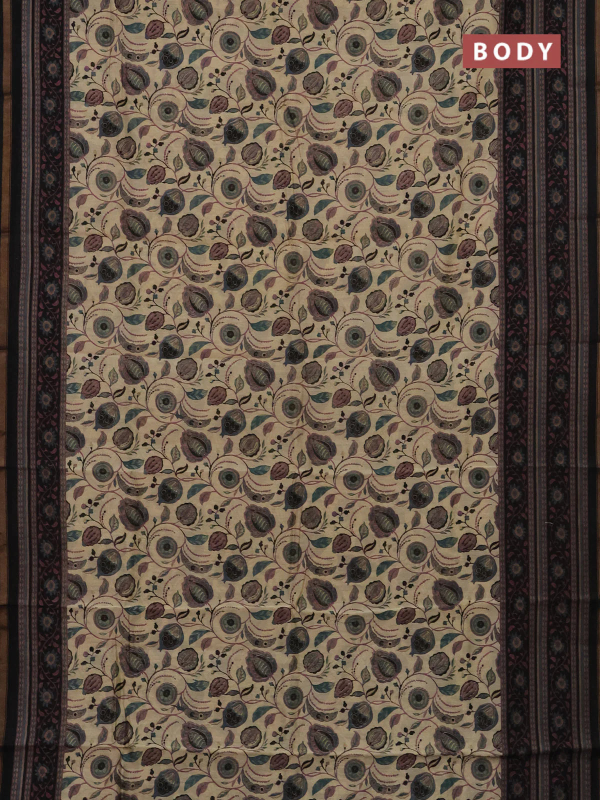 Chanderi silk cotton saree beige and black with allover kalamkari prints and printed zari border - Image 2