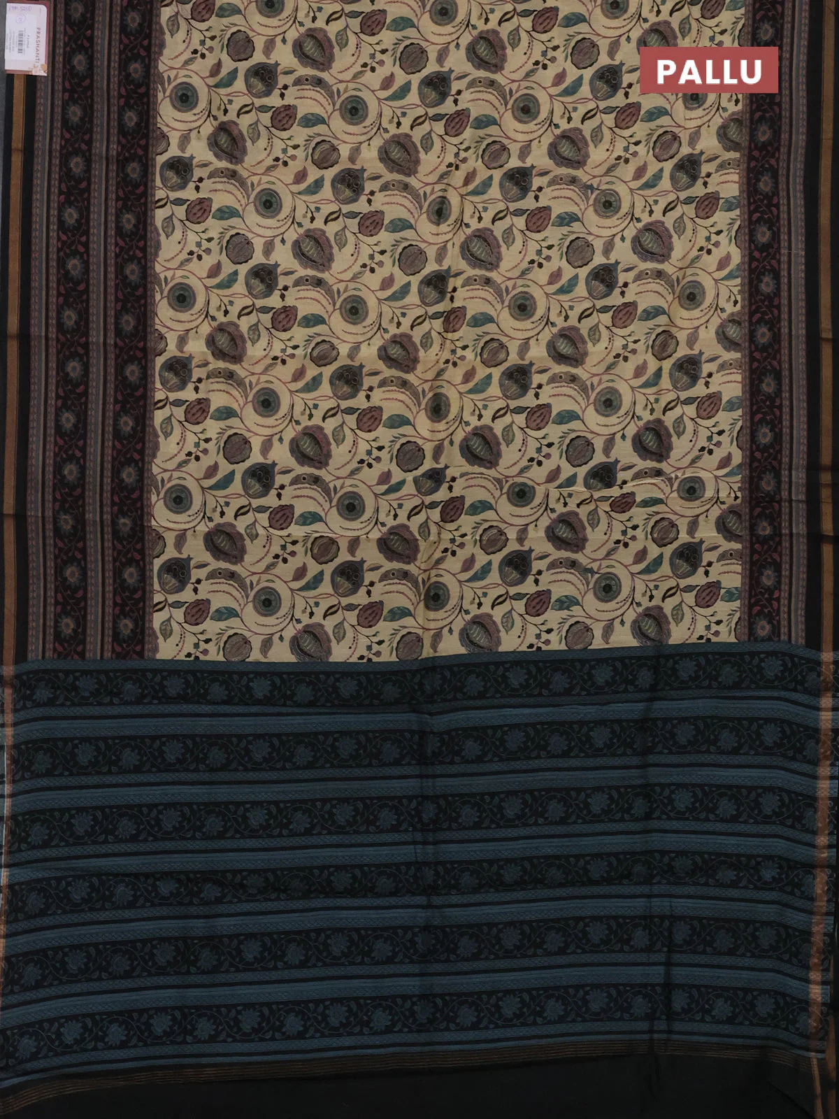 Chanderi silk cotton saree beige and black with allover kalamkari prints and printed zari border - Image 3
