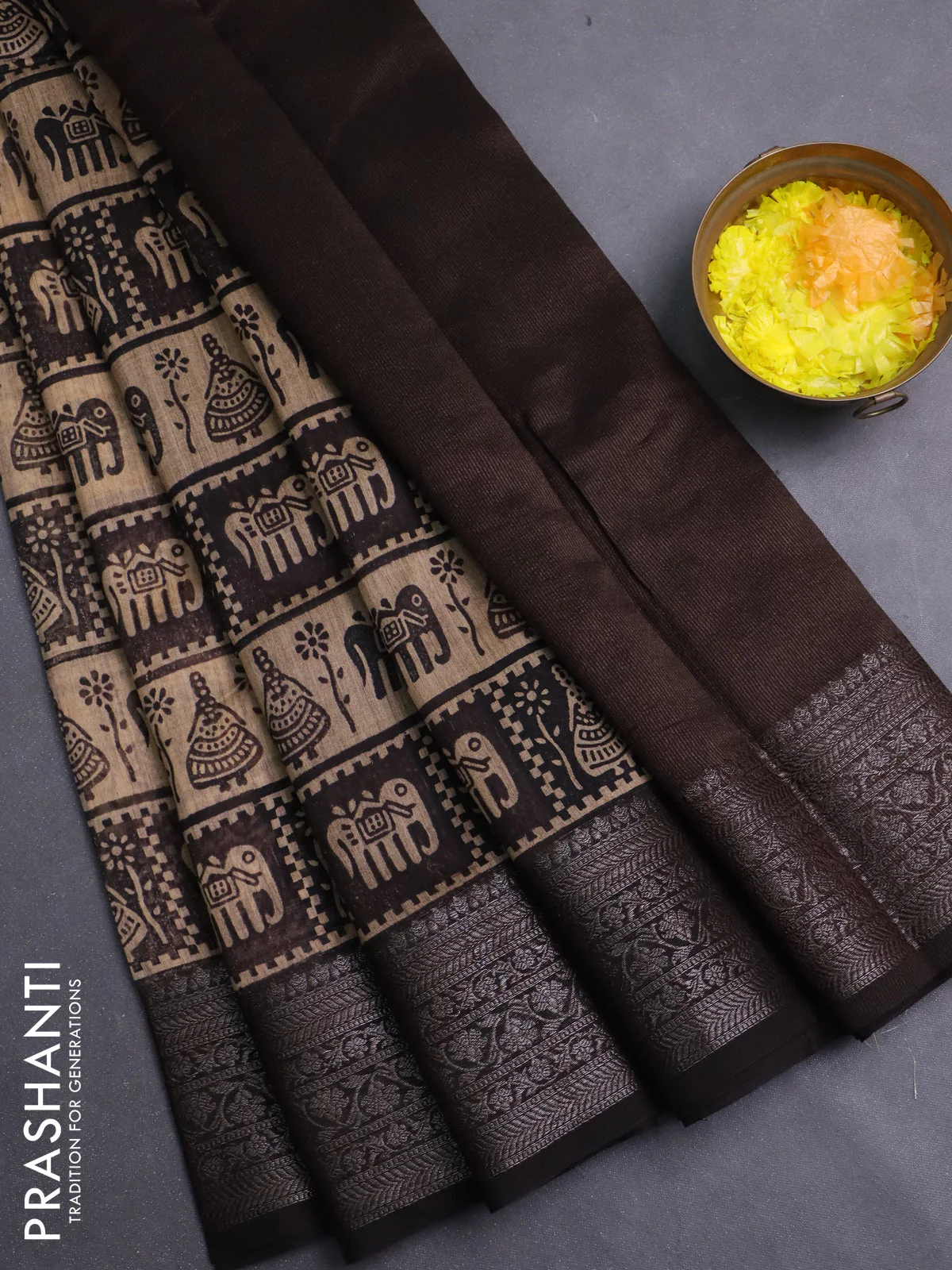 Chanderi silk cotton saree beige and black with allover prints and banarasi style border - Image 3