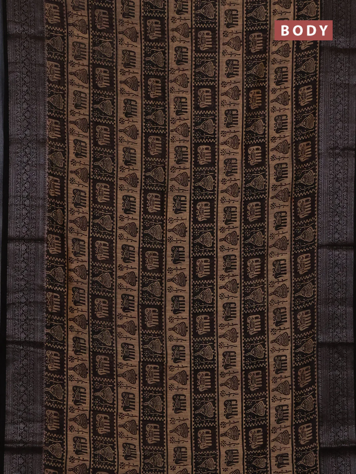 Chanderi silk cotton saree beige and black with allover prints and banarasi style border - Image 4