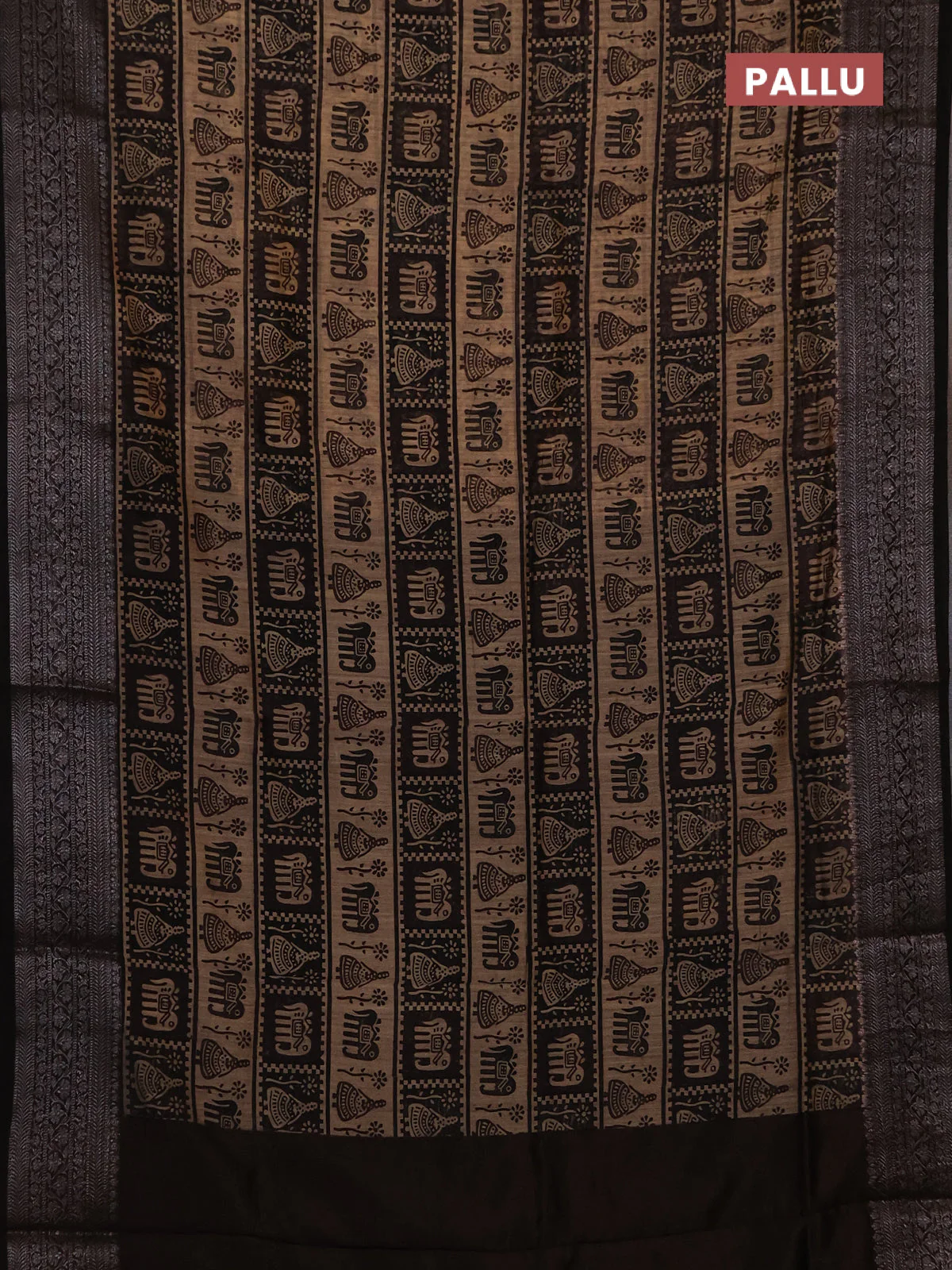 Chanderi silk cotton saree beige and black with allover prints and banarasi style border - Image 5