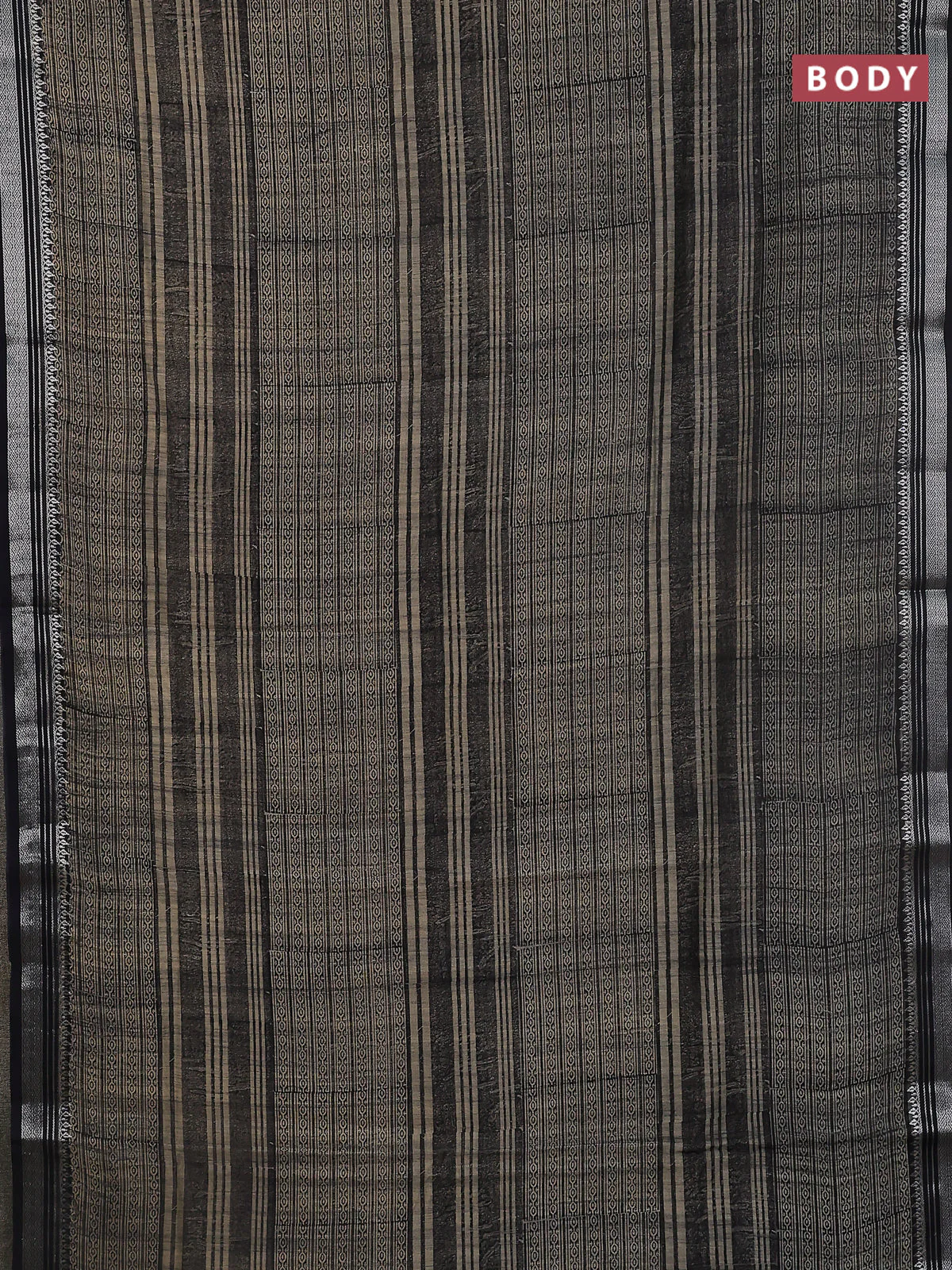 Chanderi silk cotton saree beige and black with allover prints and silver zari woven border - Image 2