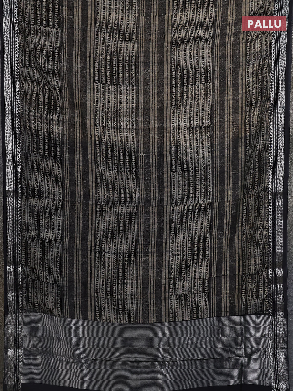 Chanderi silk cotton saree beige and black with allover prints and silver zari woven border - Image 3