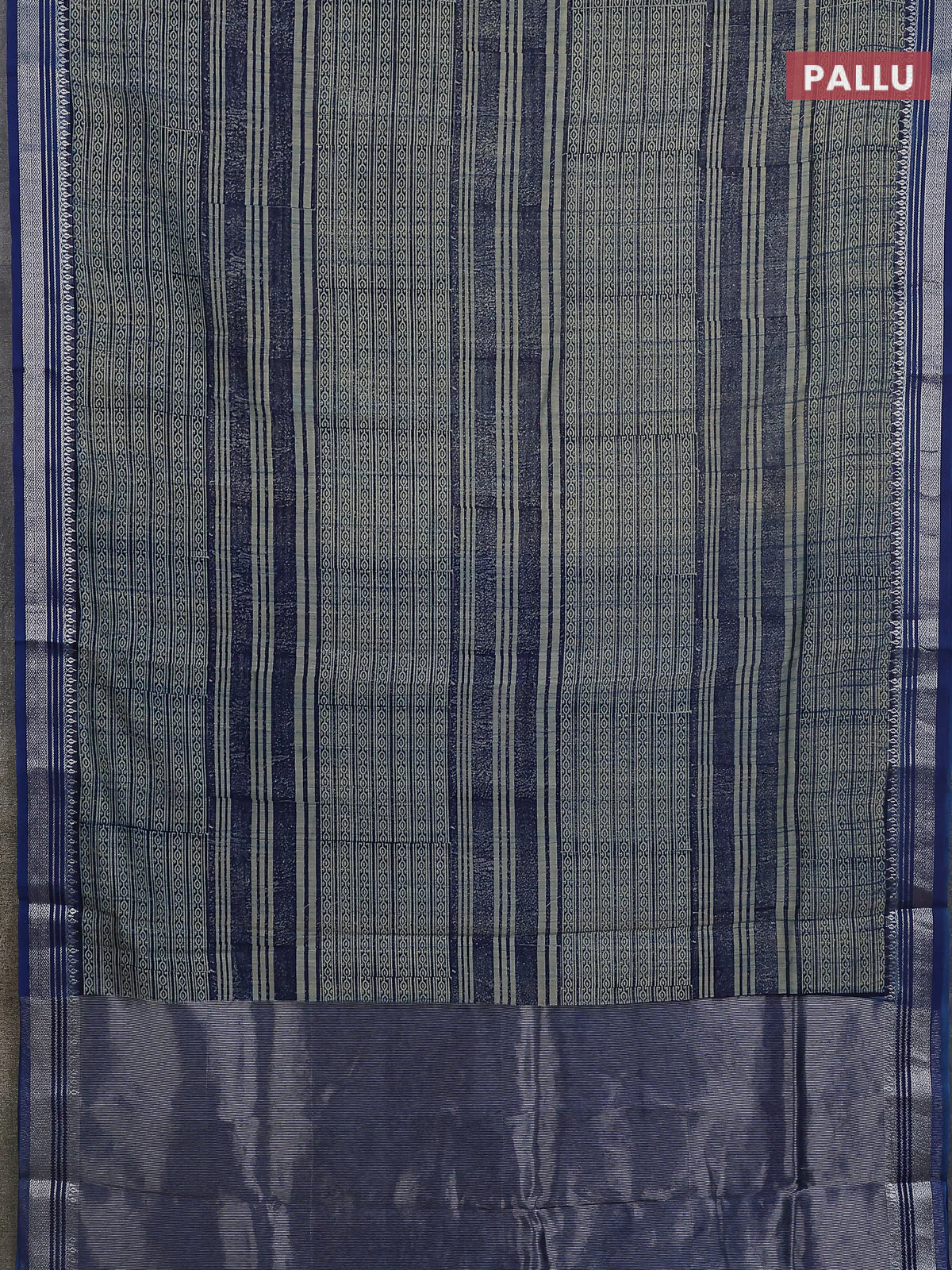Chanderi silk cotton saree beige and blue with allover prints and silver zari woven border - Image 3