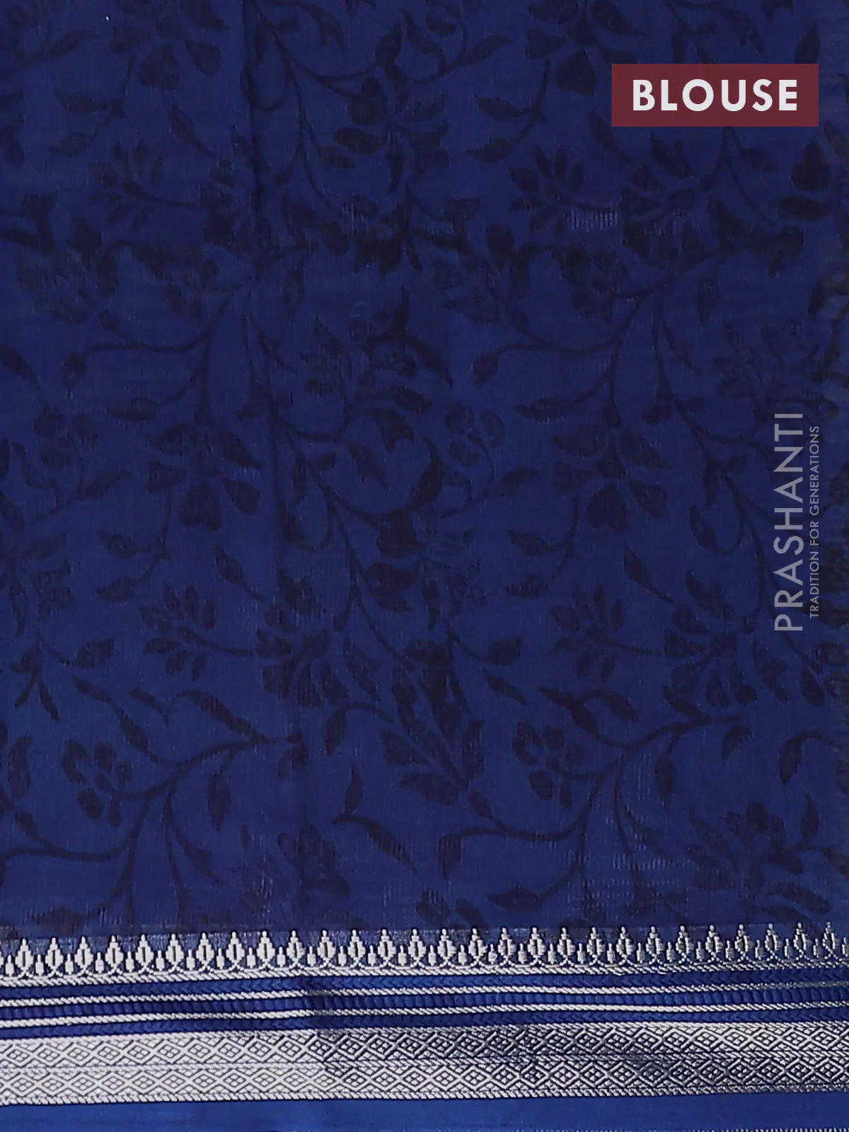 Chanderi silk cotton saree beige and blue with allover prints and silver zari woven border - Image 4