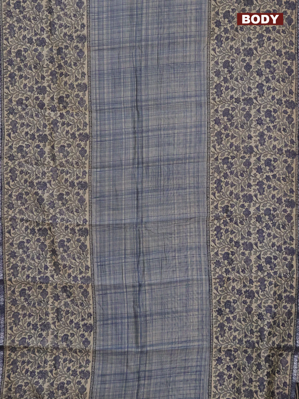 Chanderi silk cotton saree beige and blue with checked pattern and long printed zari border - Image 2