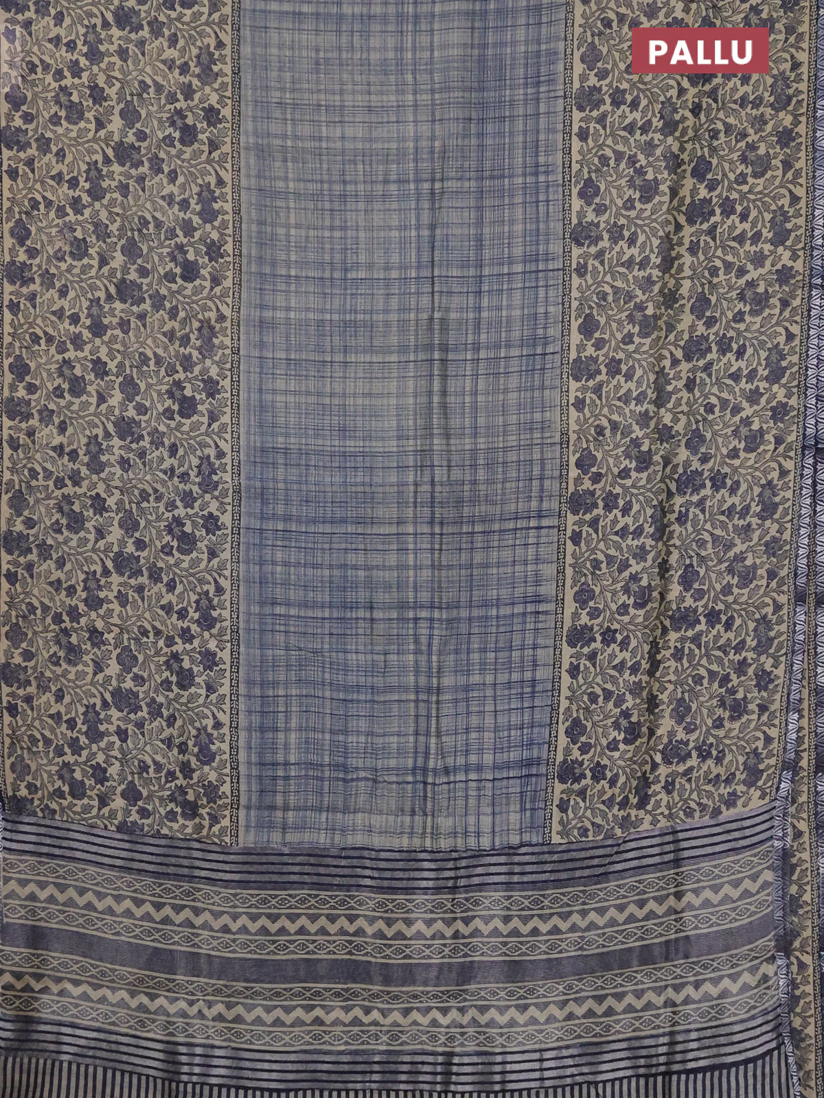 Chanderi silk cotton saree beige and blue with checked pattern and long printed zari border - Image 3
