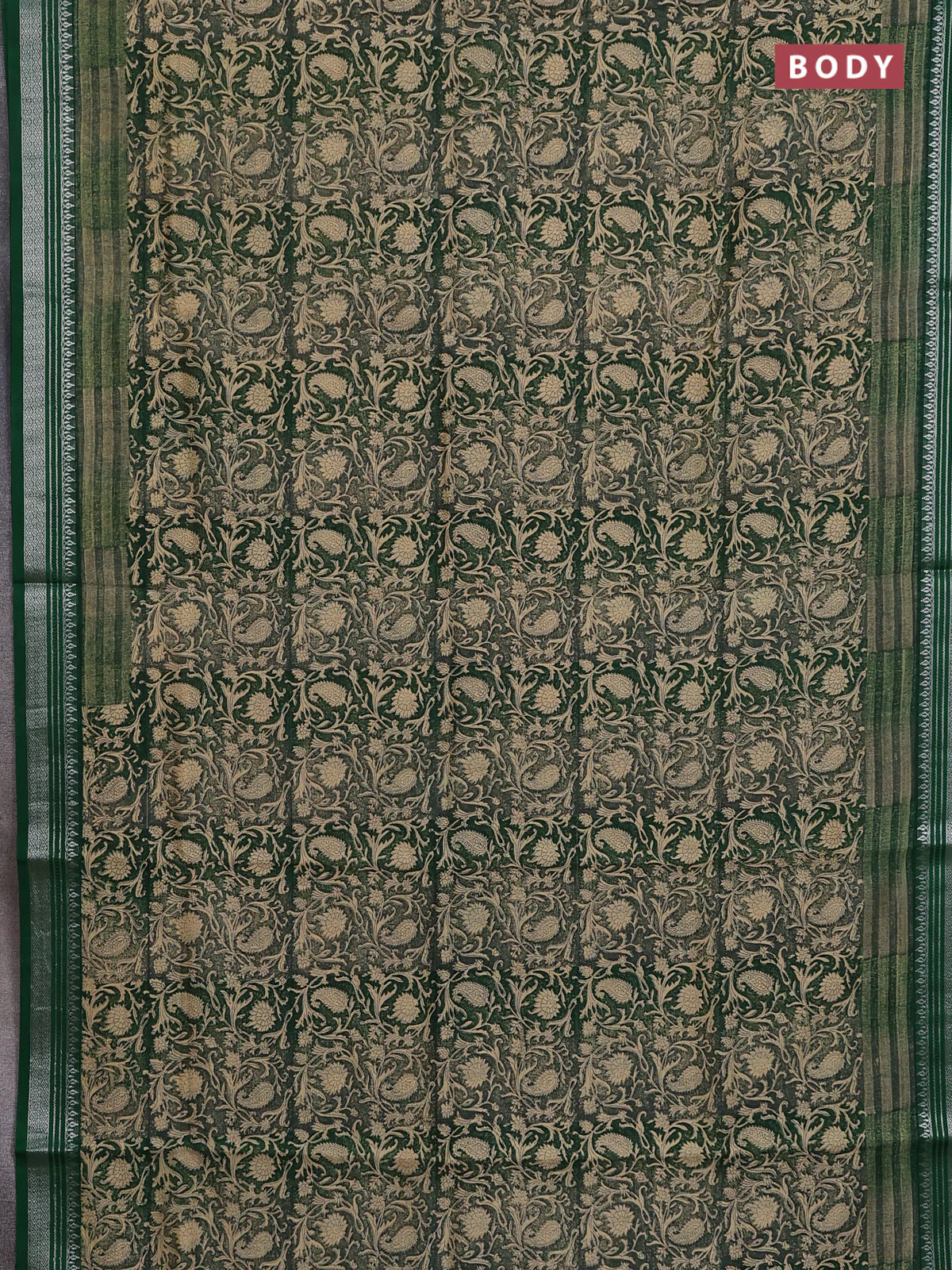 Chanderi silk cotton saree beige and bottle green with allover prints and silver zari woven border - Image 2