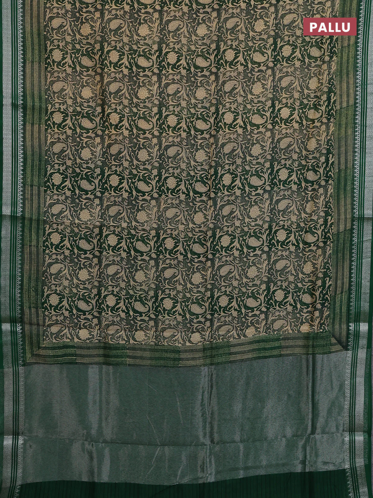 Chanderi silk cotton saree beige and bottle green with allover prints and silver zari woven border - Image 3