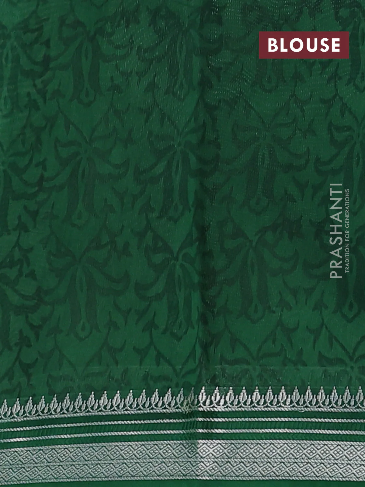 Chanderi silk cotton saree beige and bottle green with allover prints and silver zari woven border - Image 4