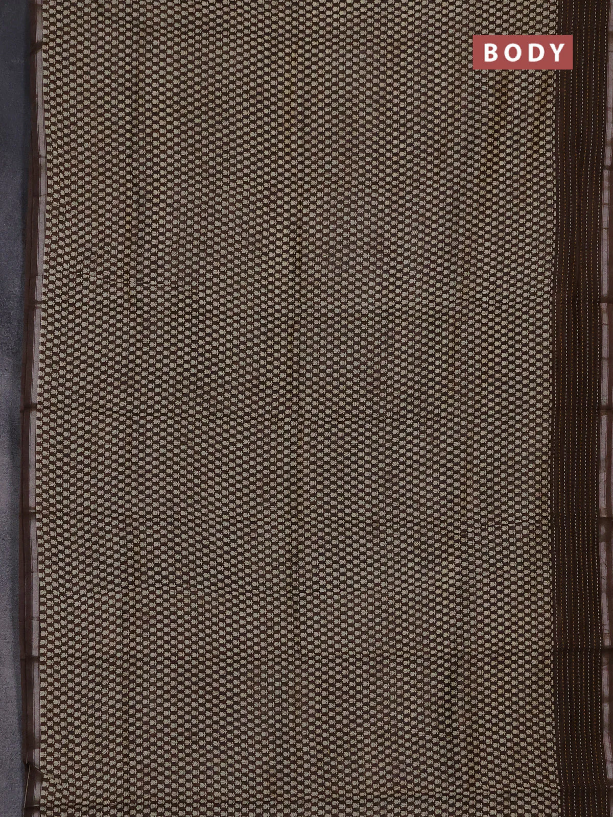 Chanderi silk cotton saree beige and brown with allover prints and kantha stich work border - Image 2