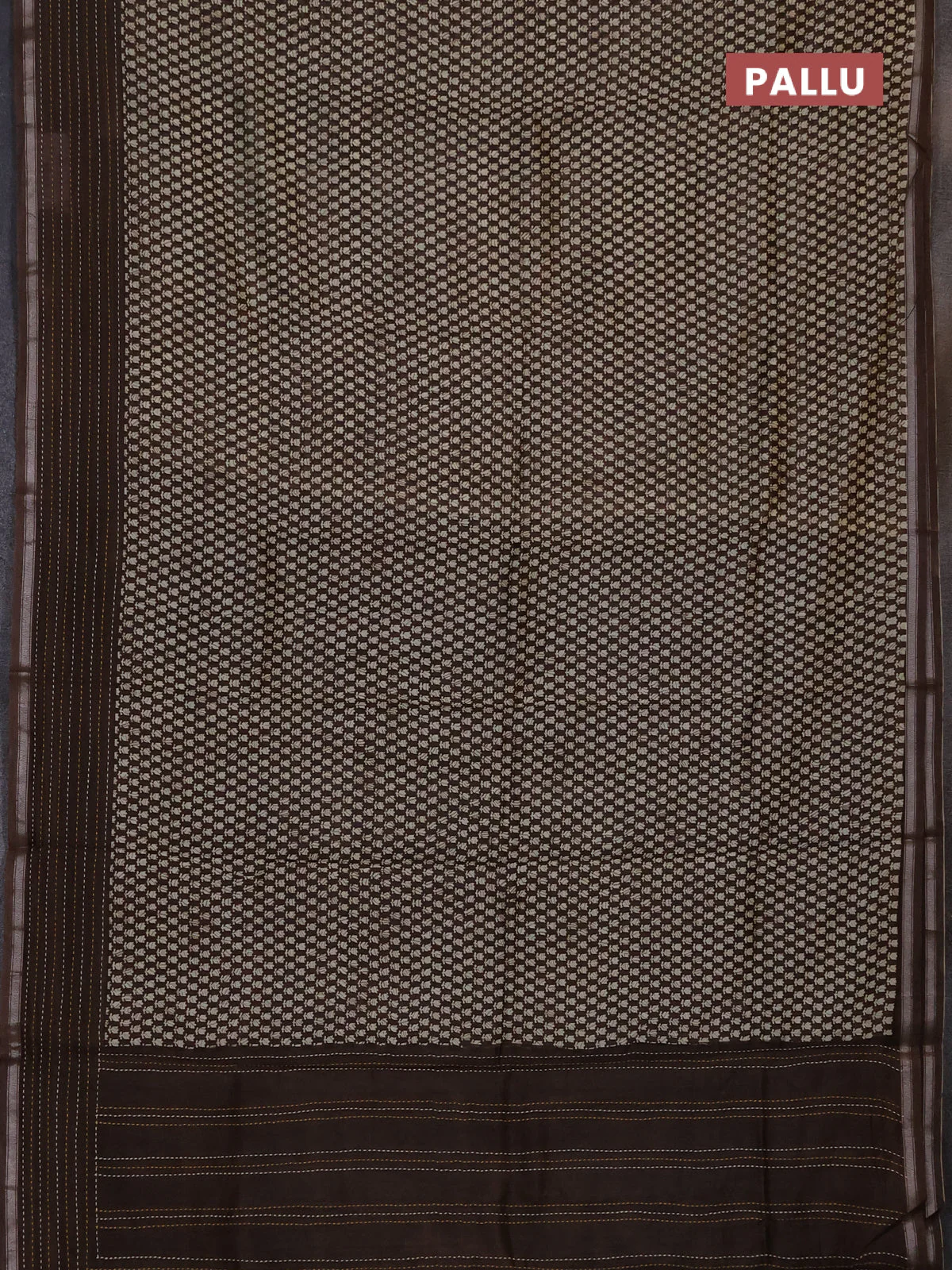 Chanderi silk cotton saree beige and brown with allover prints and kantha stich work border - Image 3